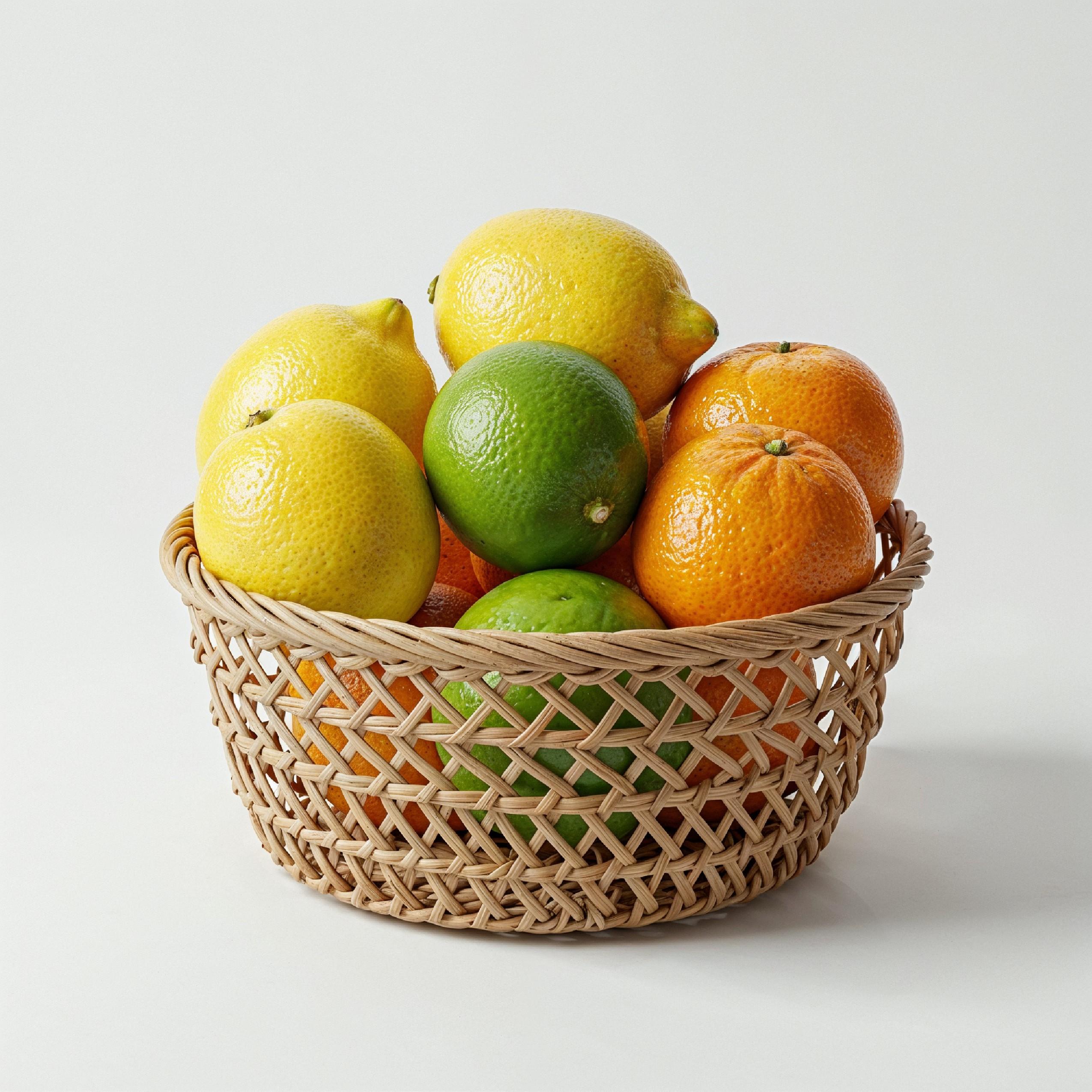 Small Wicker Basket Filled with Fresh Citrus Fruits Isolated on White Background