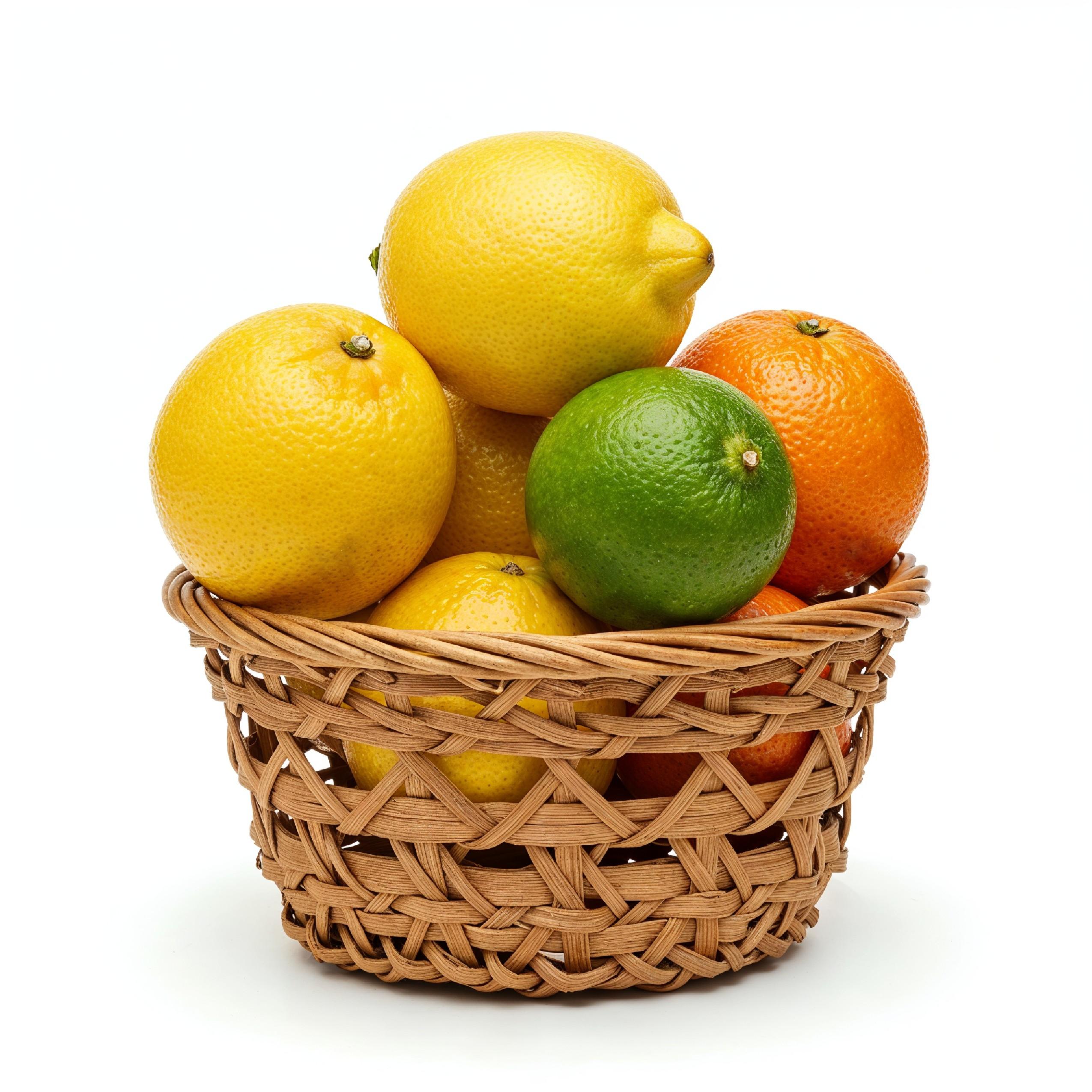 Small Wicker Basket Filled with Fresh Citrus Fruits Isolated on White Background