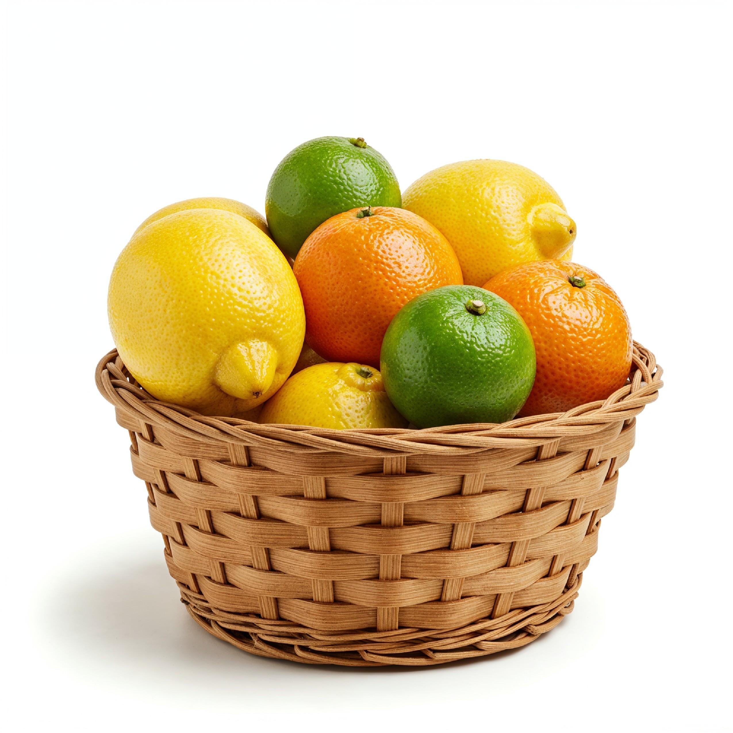 Small Wicker Basket Filled with Fresh Citrus Fruits Isolated on White Background