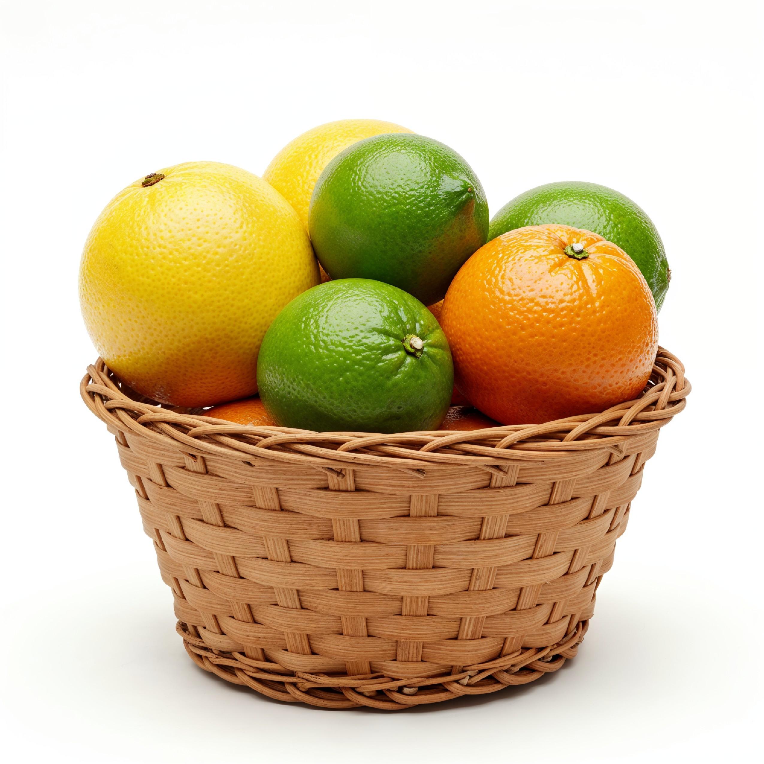Small Wicker Basket Filled with Fresh Citrus Fruits Isolated on White Background