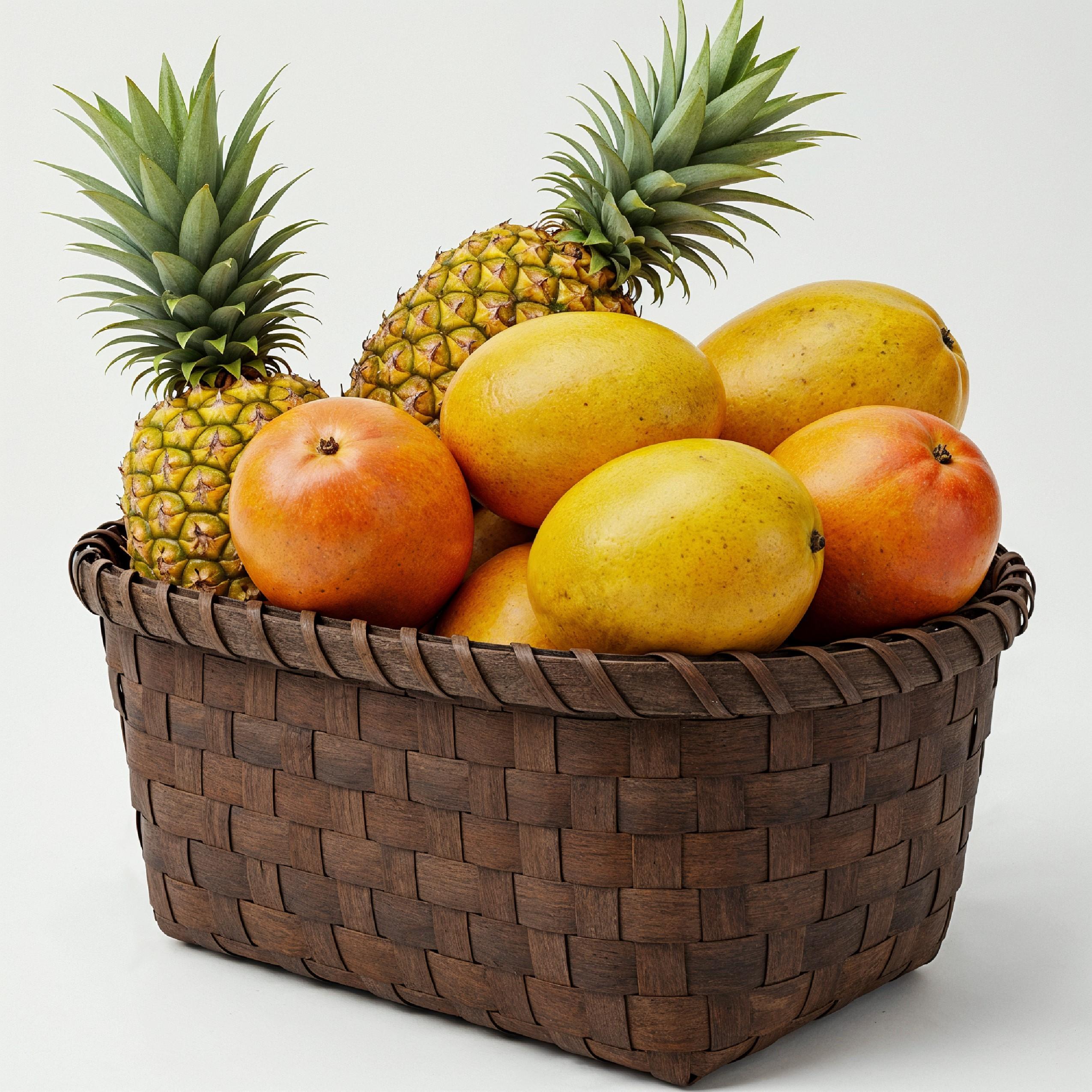 Traditional Wooden Fruit Basket Overflowing with Tropical Fruits on White Background