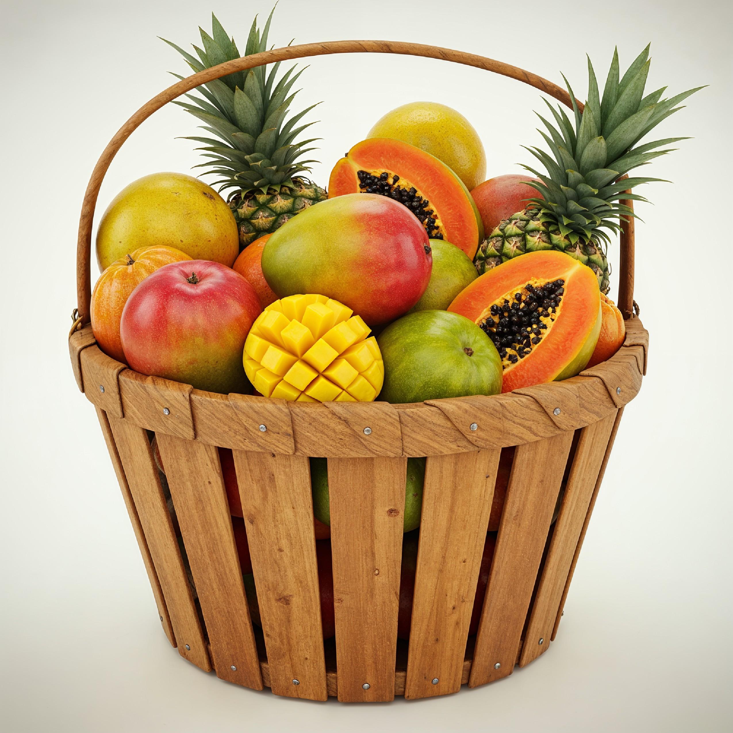 Traditional Wooden Fruit Basket Overflowing with Tropical Fruits on White Background