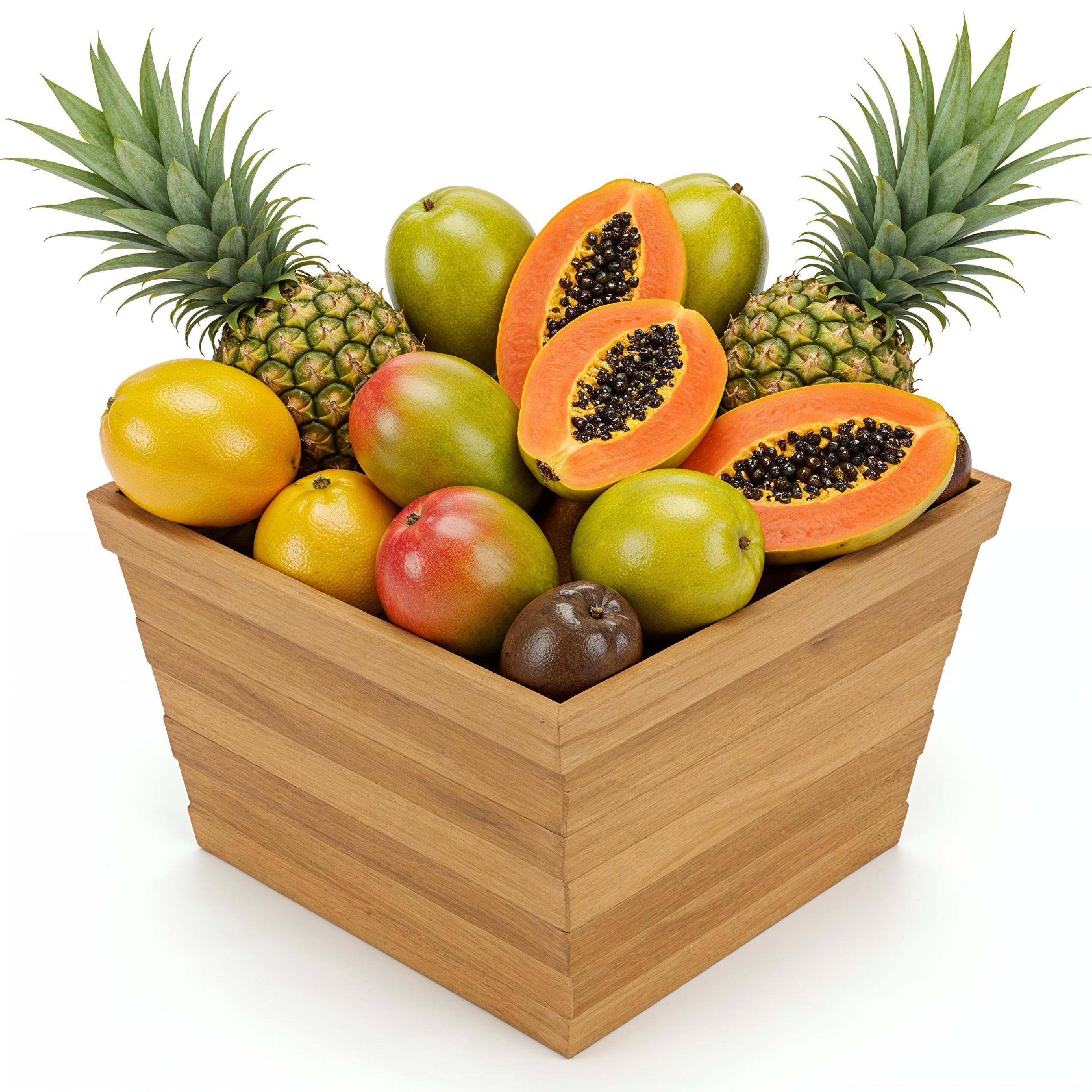 Traditional Wooden Fruit Basket Overflowing with Tropical Fruits on White Background