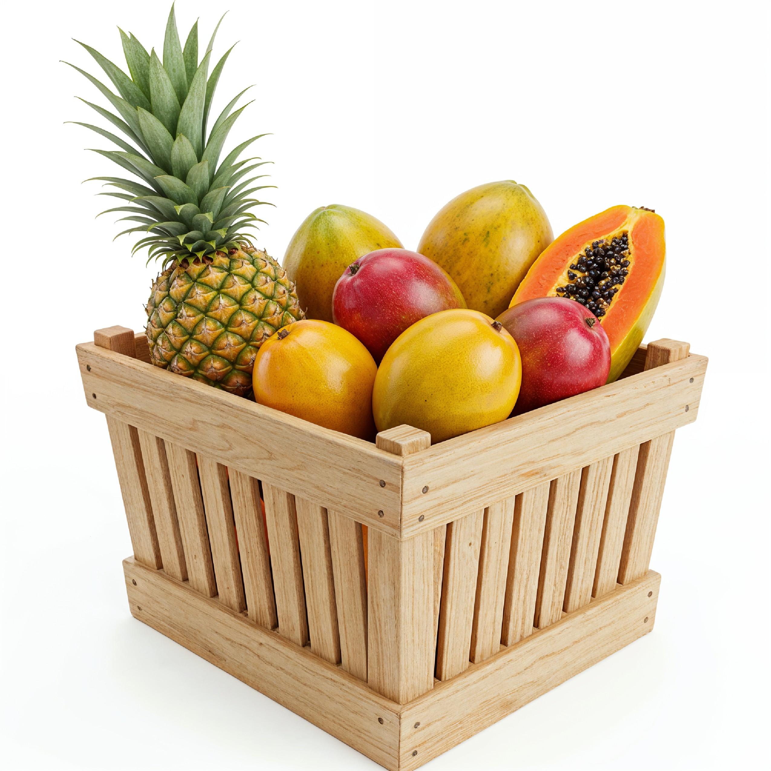 Traditional Wooden Fruit Basket Overflowing with Tropical Fruits on White Background
