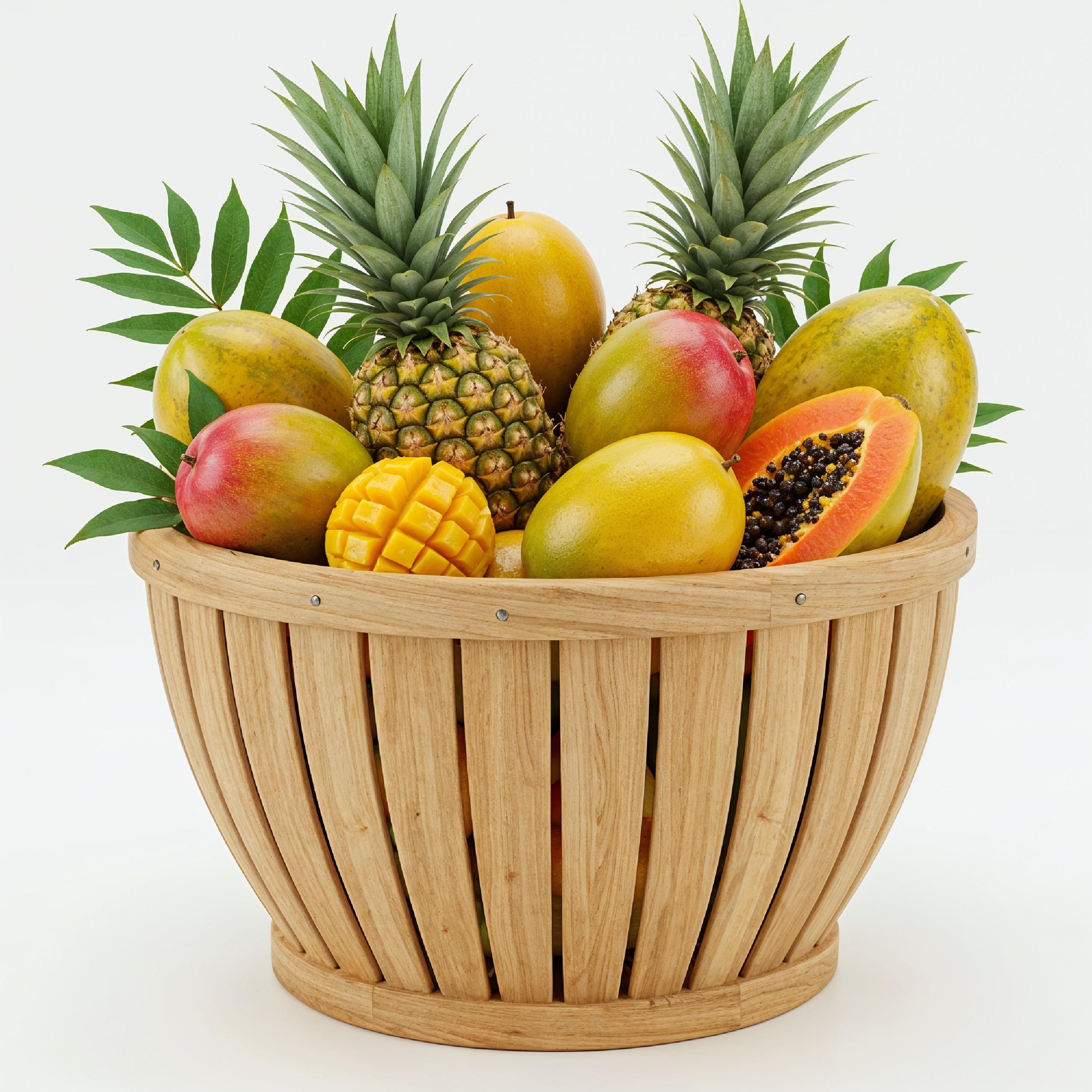 Traditional Wooden Fruit Basket Overflowing with Tropical Fruits on White Background