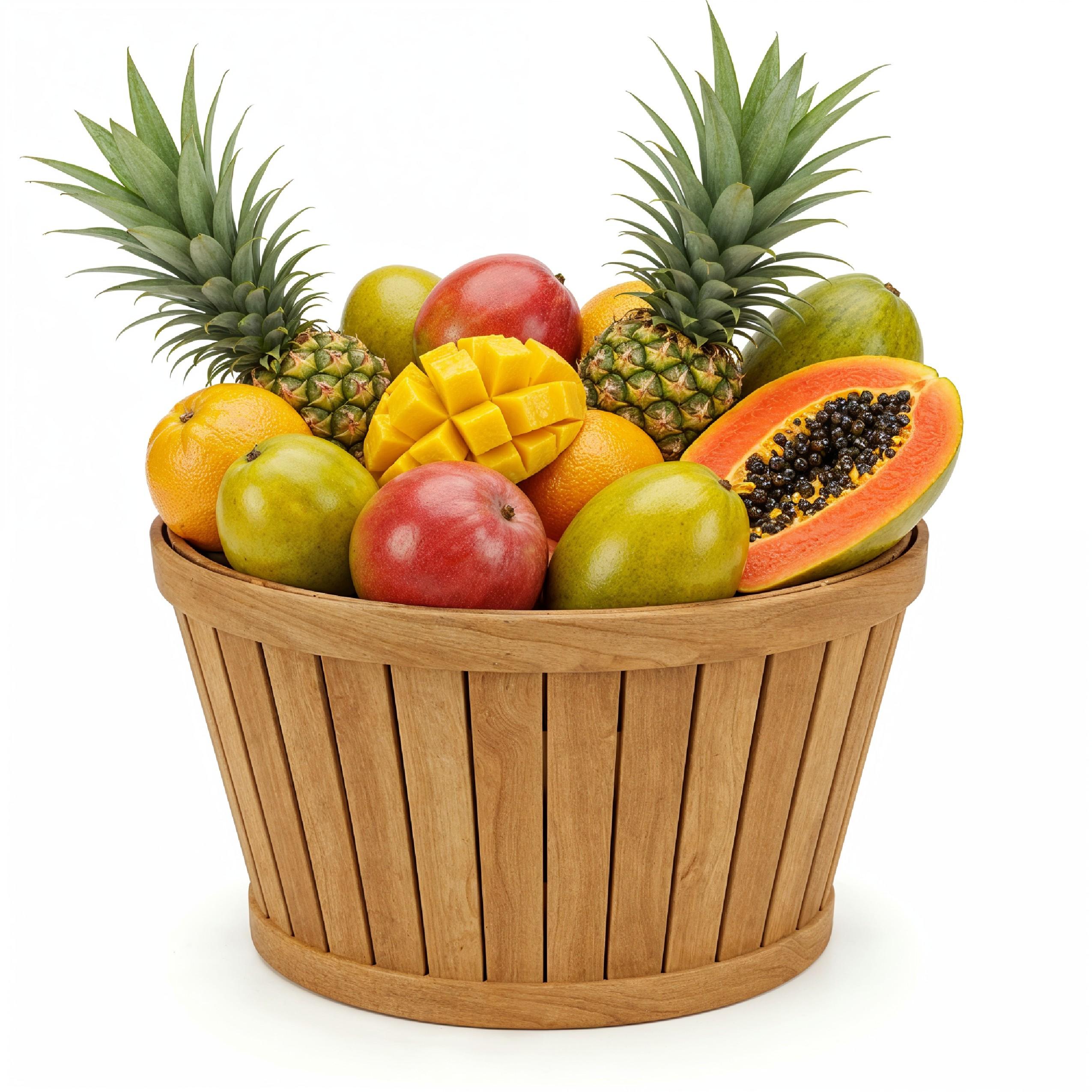 Traditional Wooden Fruit Basket Overflowing with Tropical Fruits on White Background