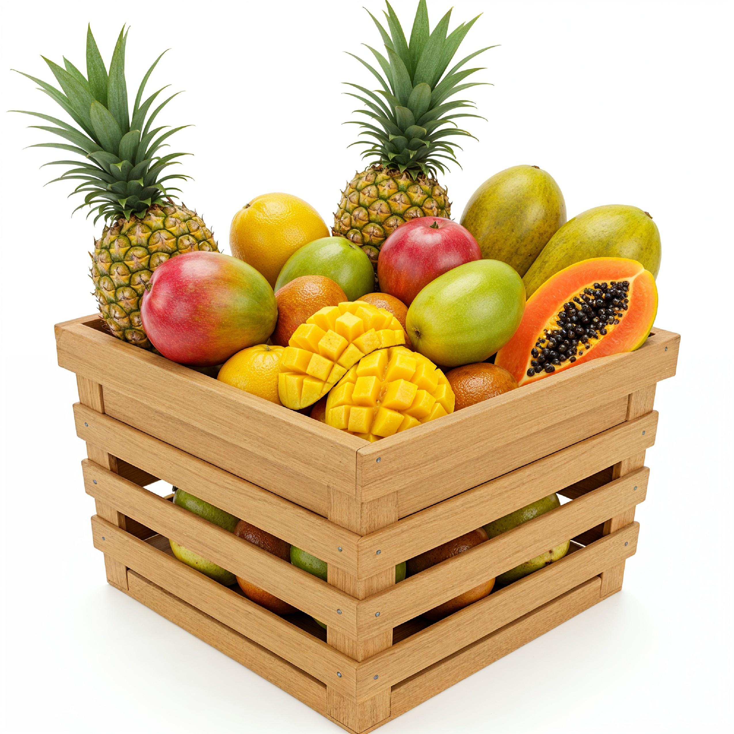 Traditional Wooden Fruit Basket Overflowing with Tropical Fruits on White Background