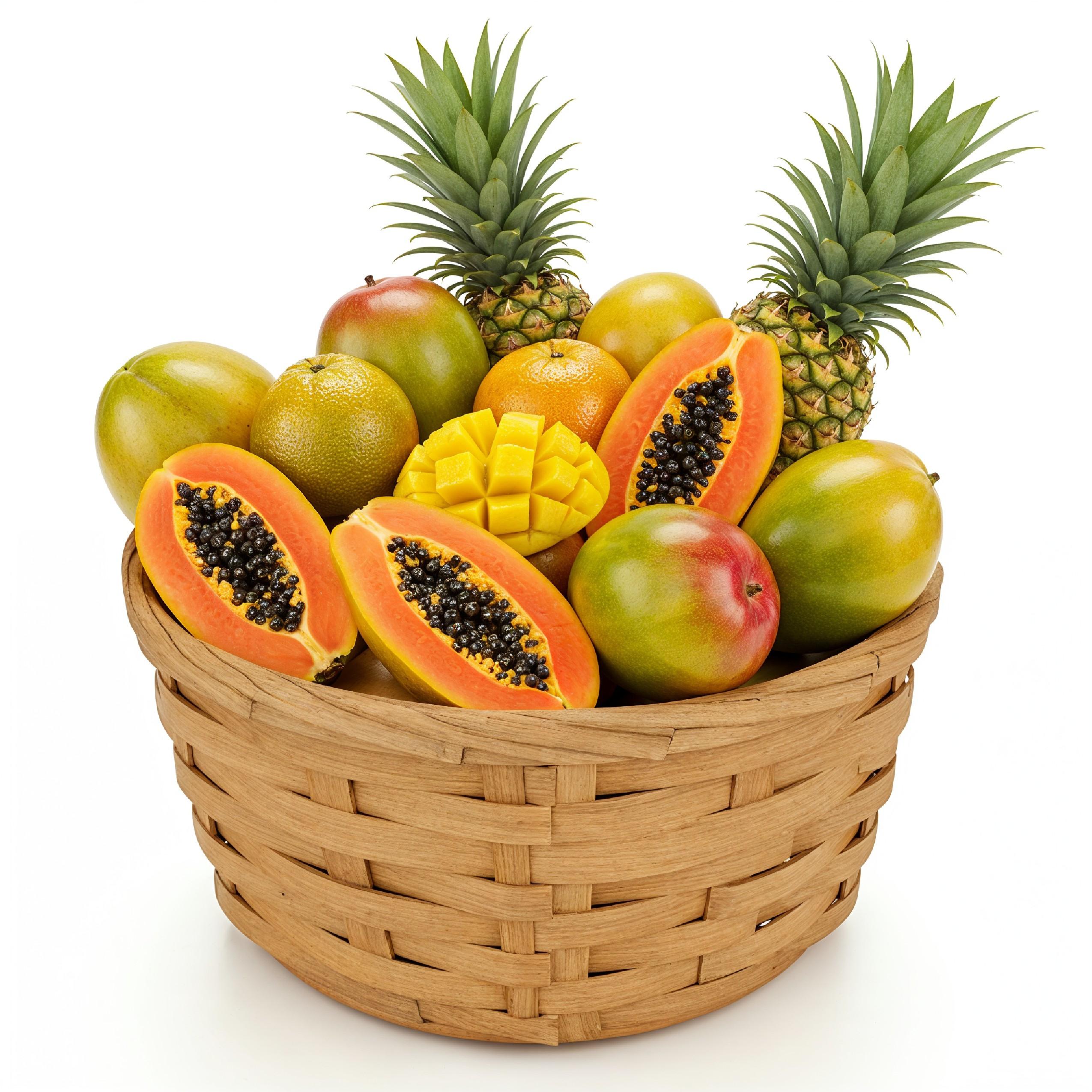 Traditional Wooden Fruit Basket Overflowing with Tropical Fruits on White Background