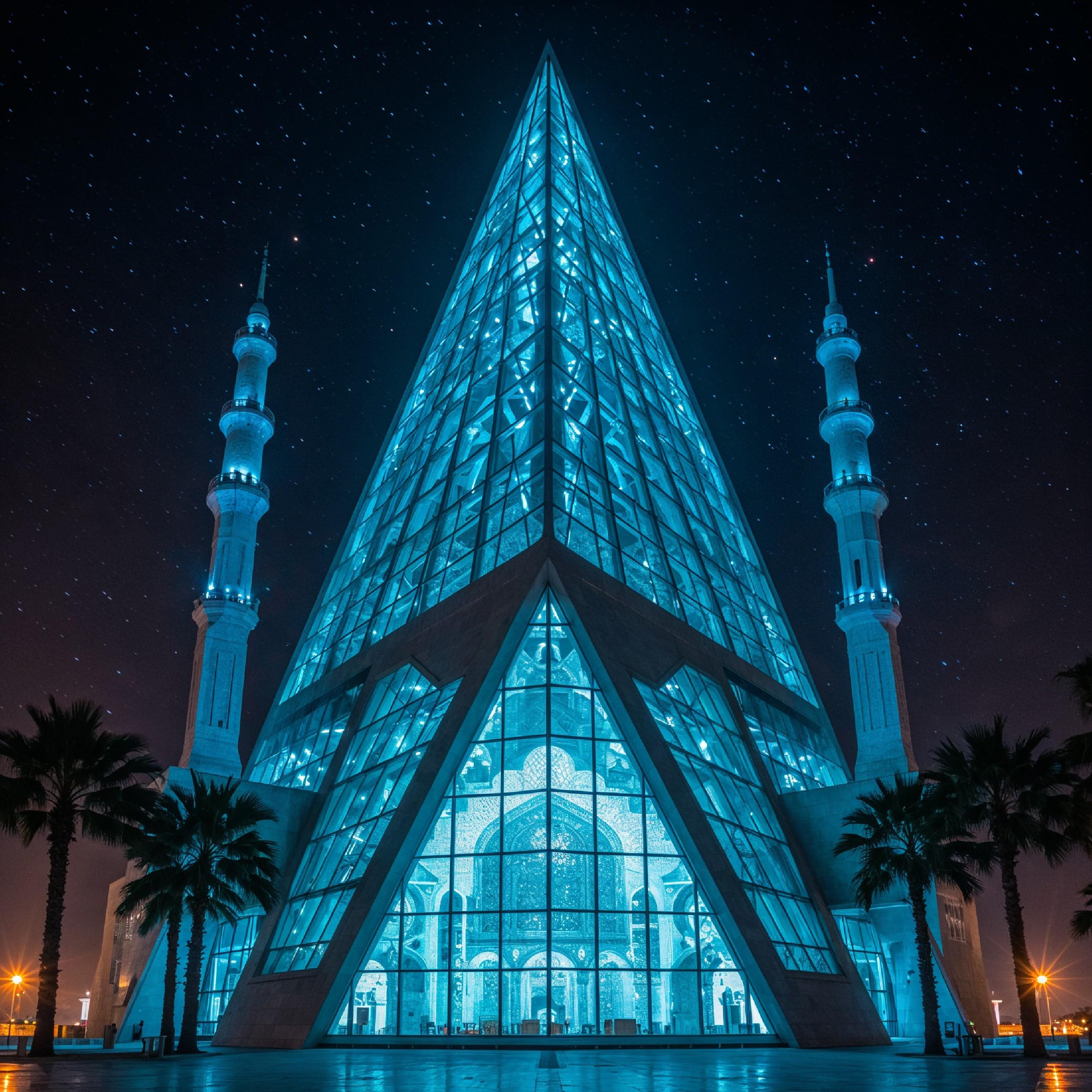 Futuristic Islamic Mosque with Glowing Blue Architecture and Modern Night Cityscape