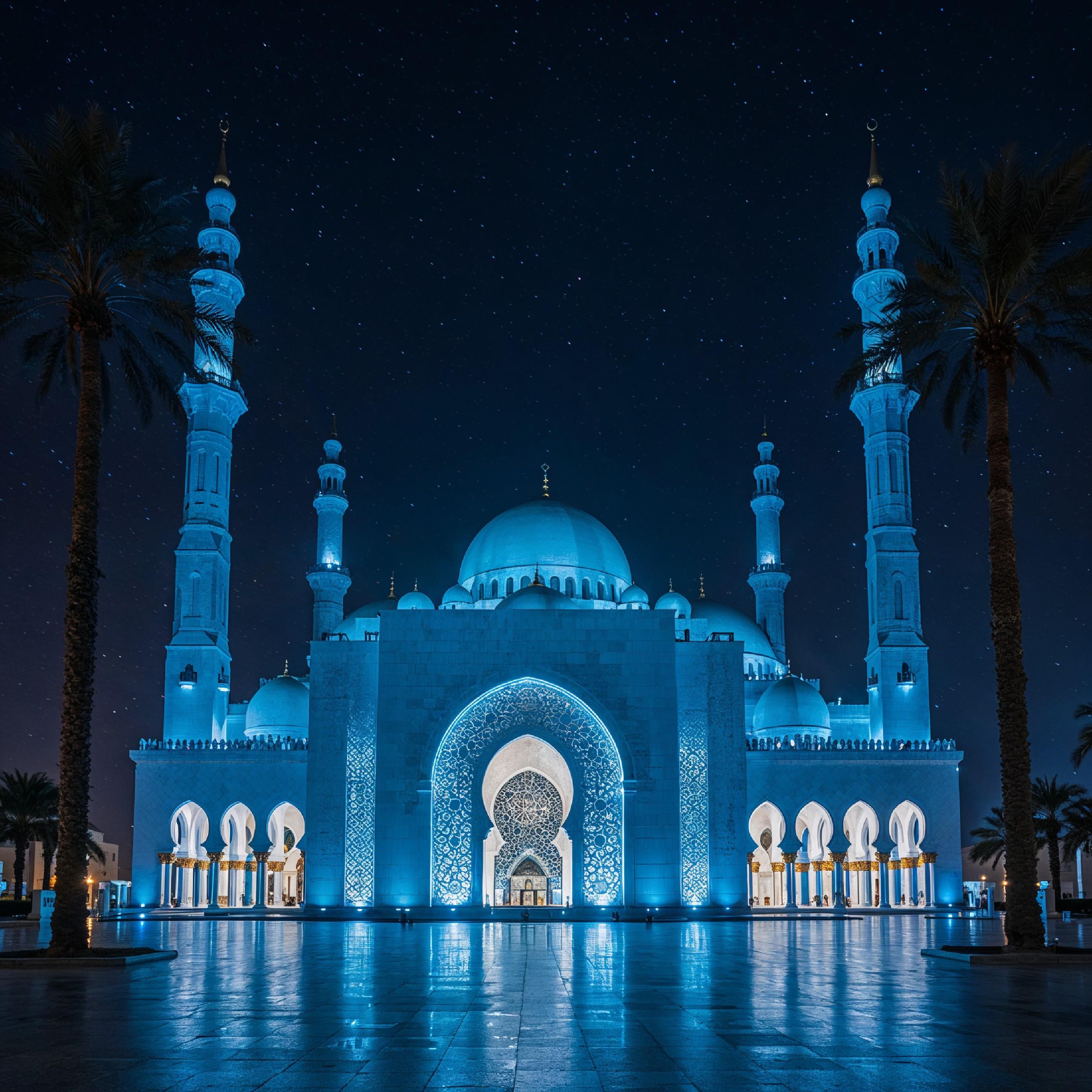 Futuristic Islamic Mosque with Glowing Blue Architecture and Modern Night Cityscape