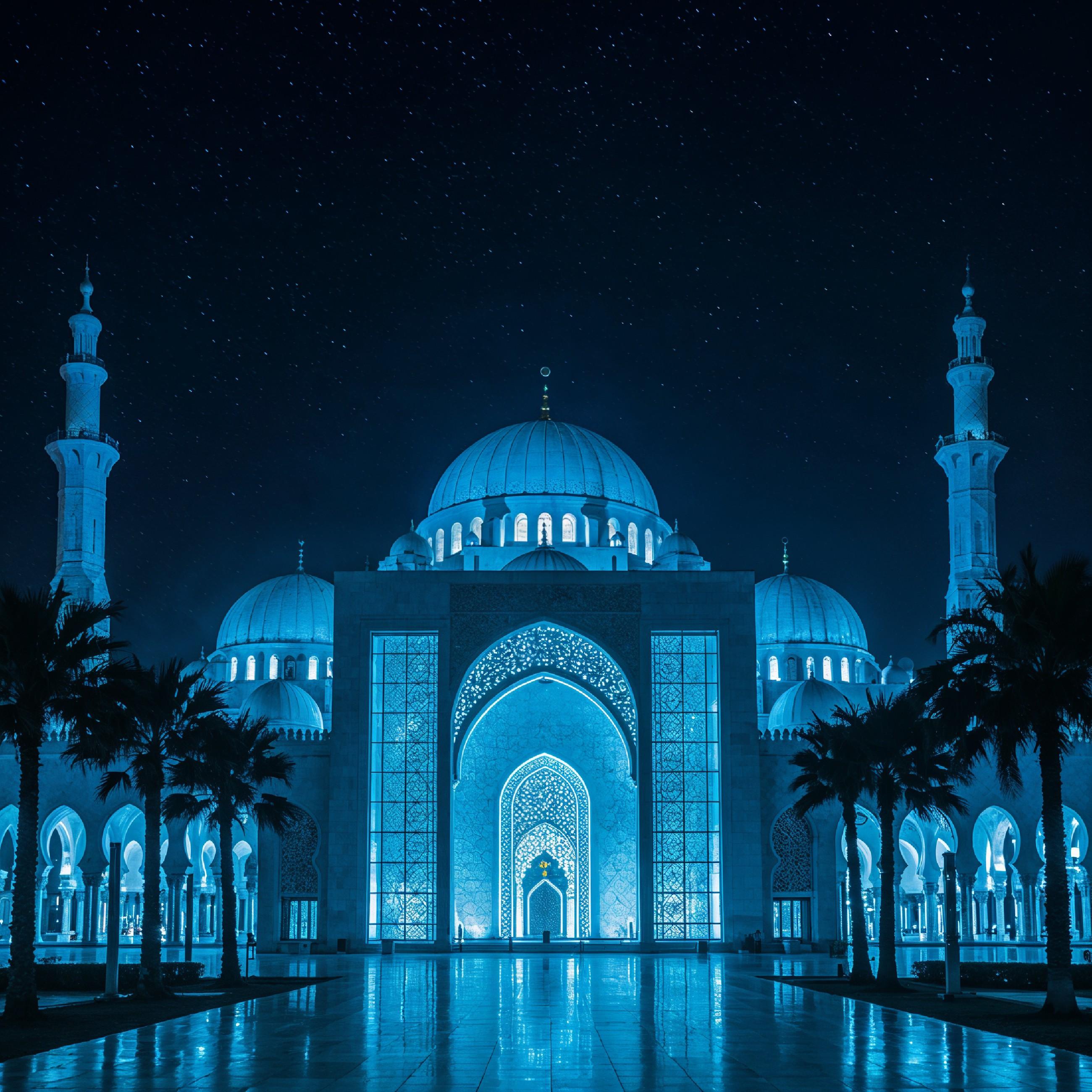 Futuristic Islamic Mosque with Glowing Blue Architecture and Modern Night Cityscape