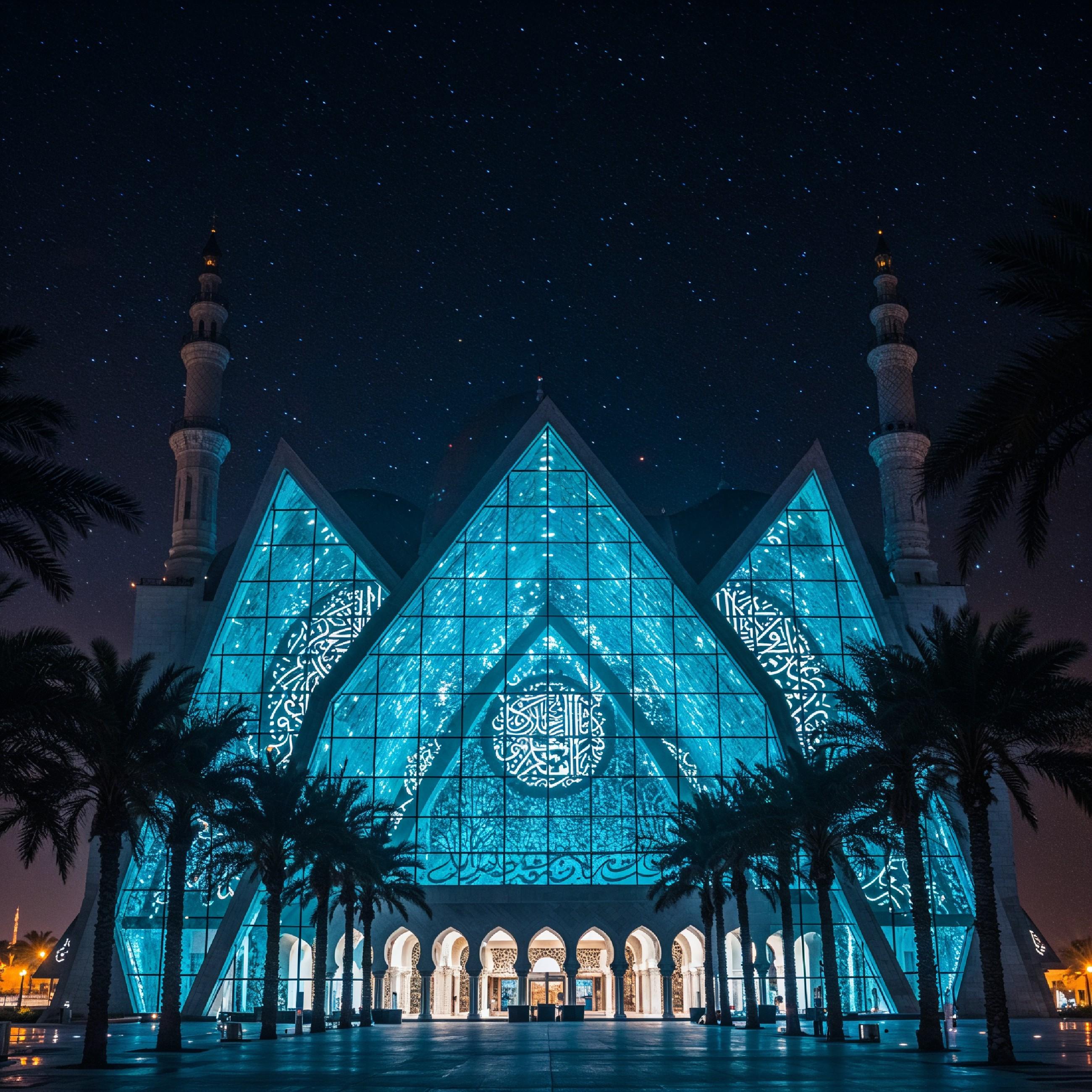 Futuristic Islamic Mosque with Glowing Blue Architecture and Modern Night Cityscape