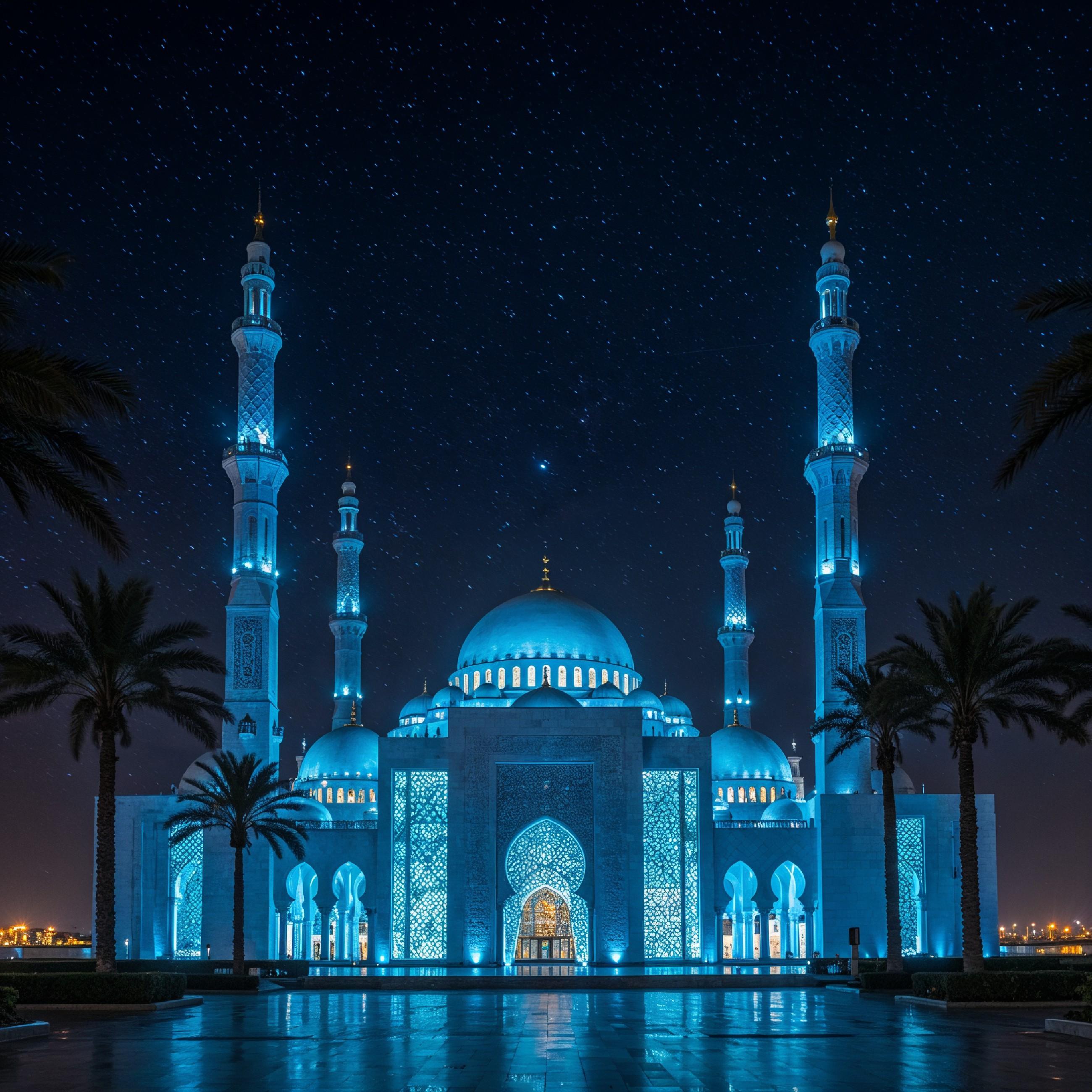 Futuristic Islamic Mosque with Glowing Blue Architecture and Modern Night Cityscape