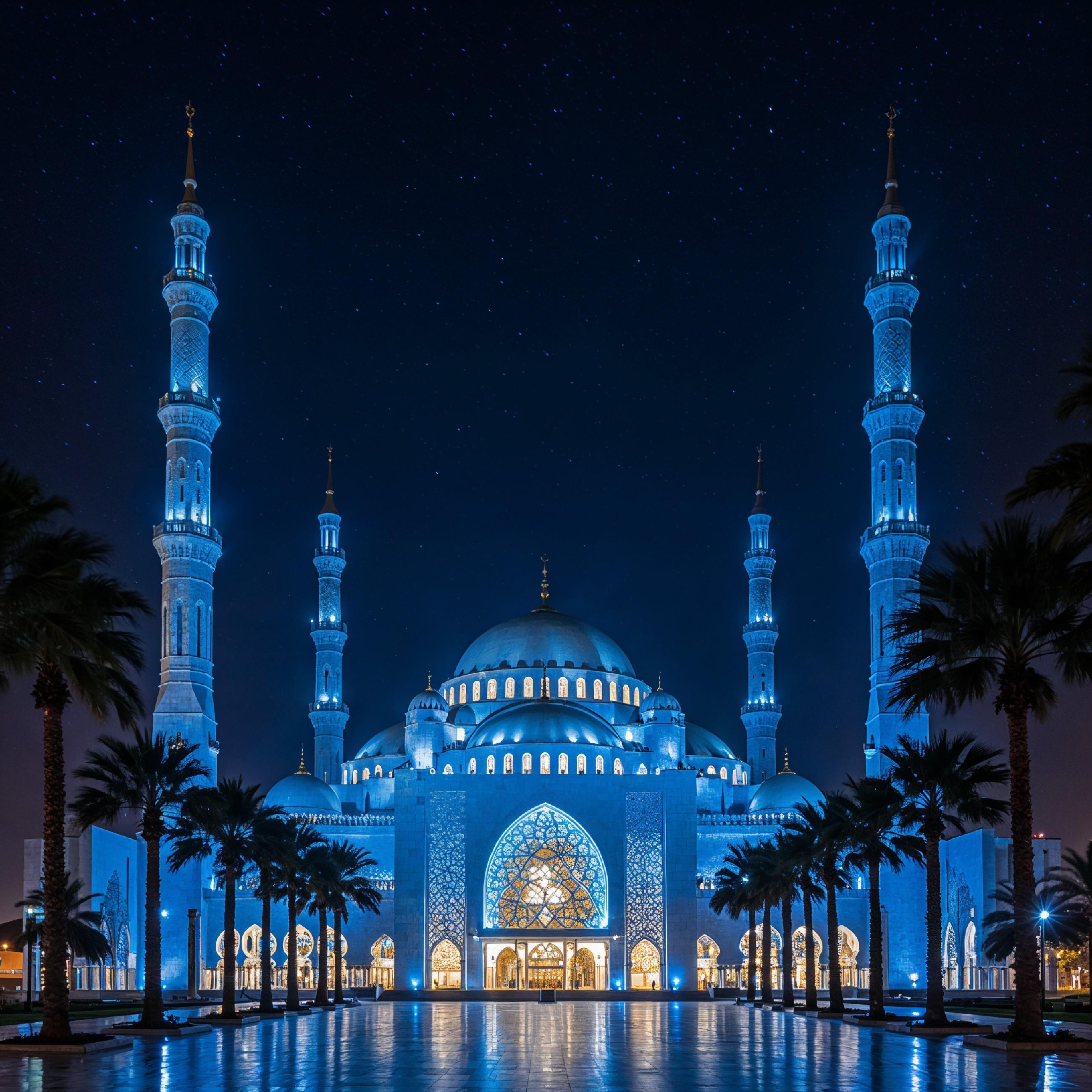 Futuristic Islamic Mosque with Glowing Blue Architecture and Modern Night Cityscape