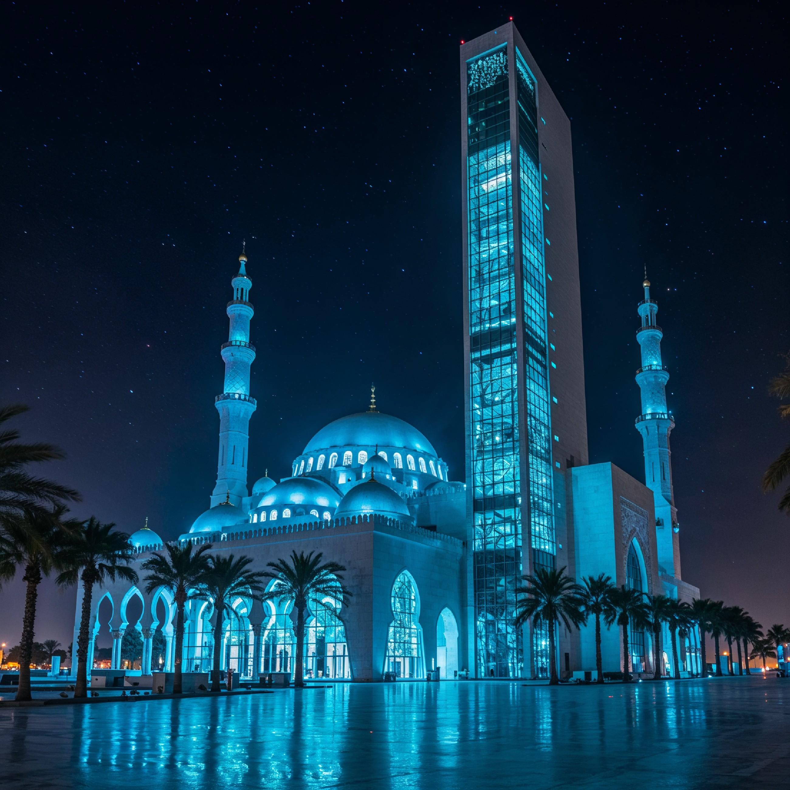 Futuristic Islamic Mosque with Glowing Blue Architecture and Modern Night Cityscape