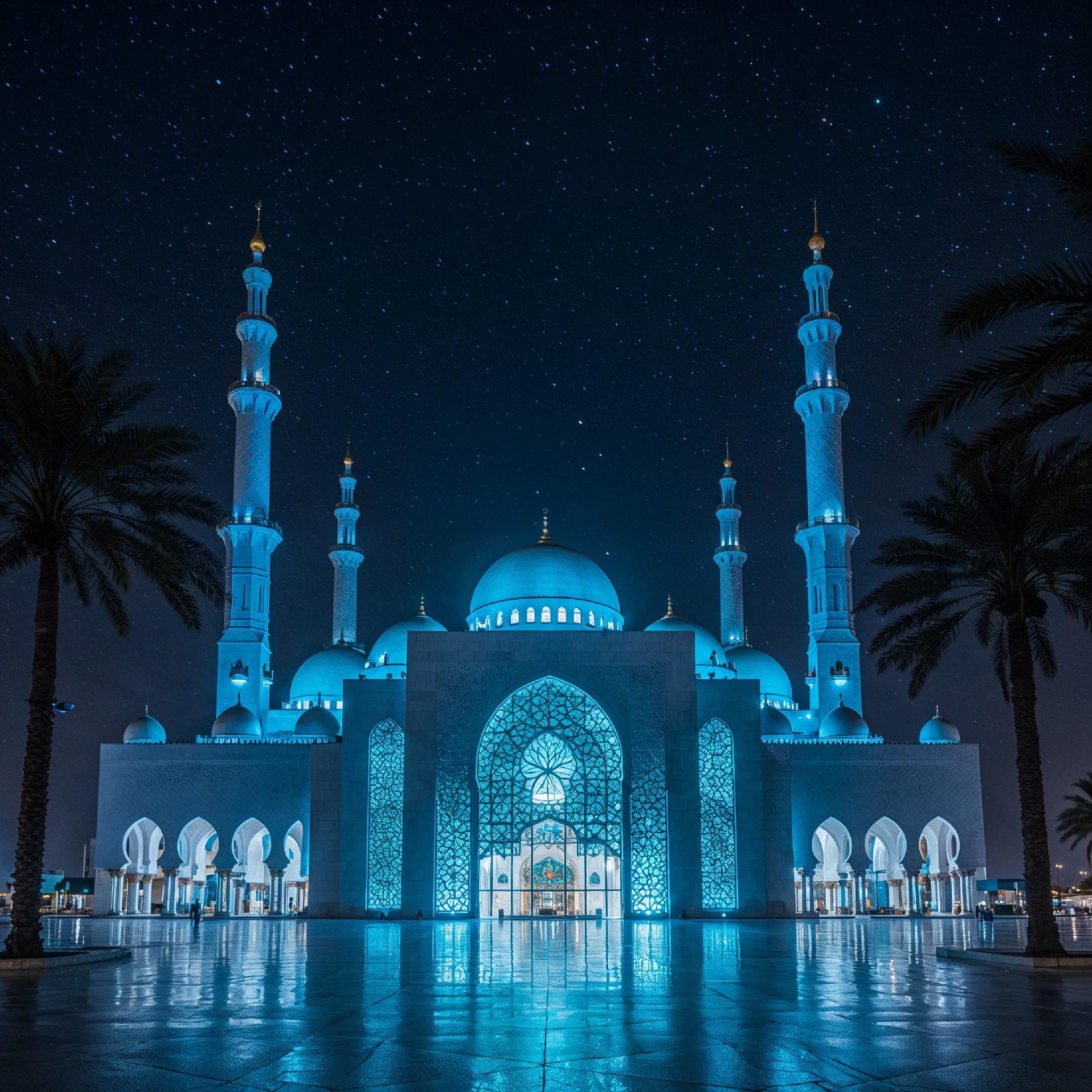 Futuristic Islamic Mosque with Glowing Blue Architecture and Modern Night Cityscape
