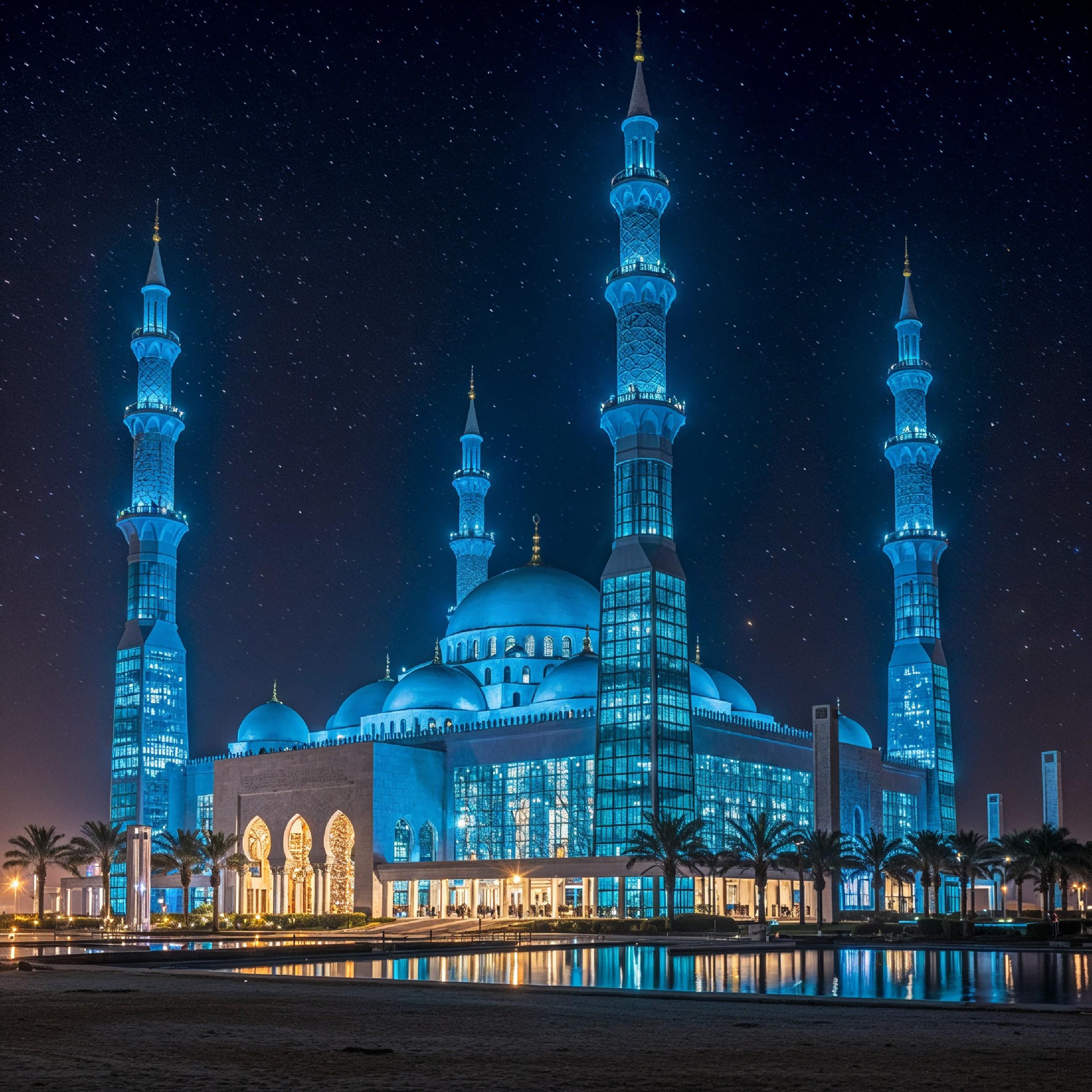 Futuristic Islamic Mosque with Glowing Blue Architecture and Modern Night Cityscape
