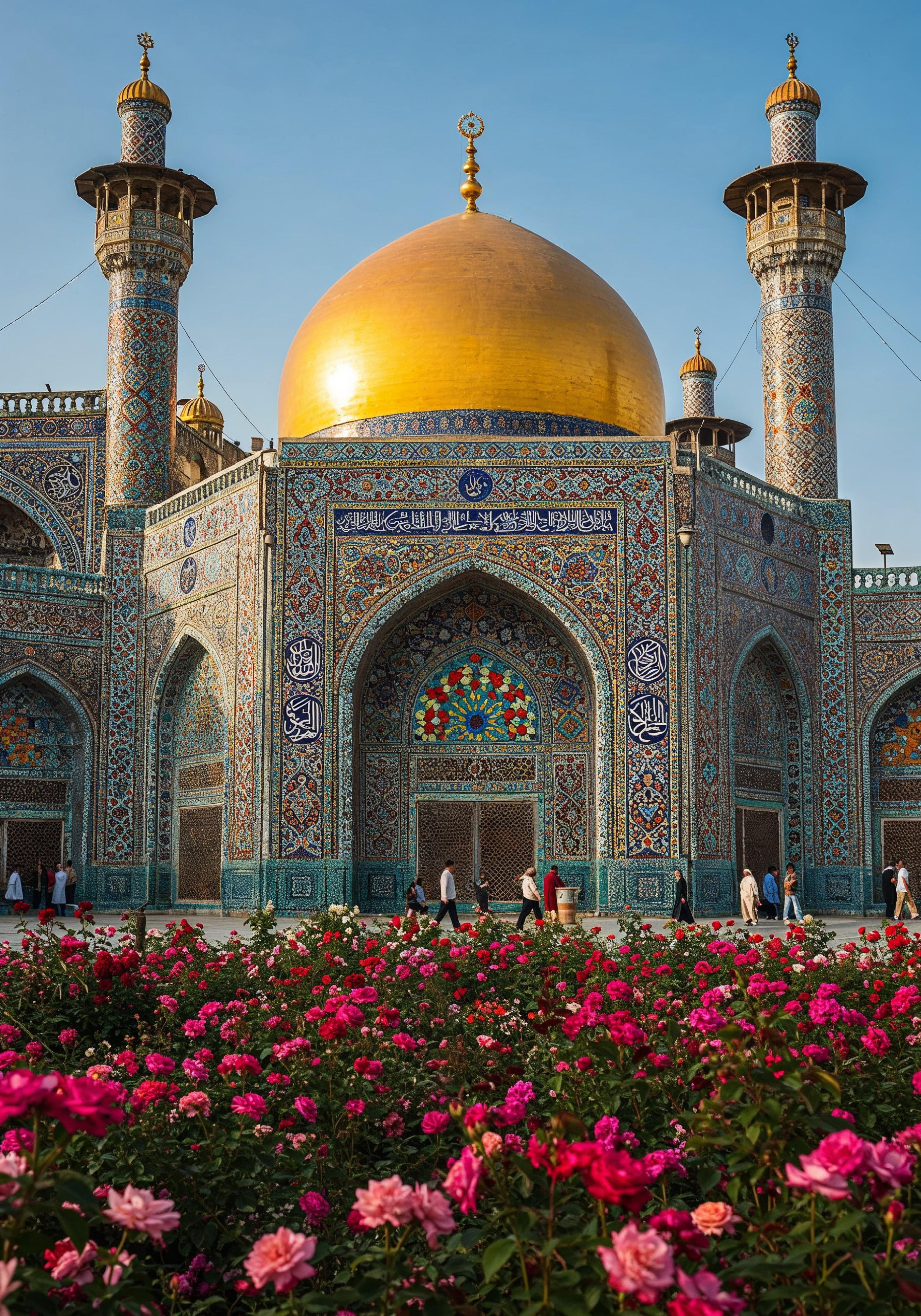 Golden Dome Islamic Mosque with Blooming Flower Garden Landscape