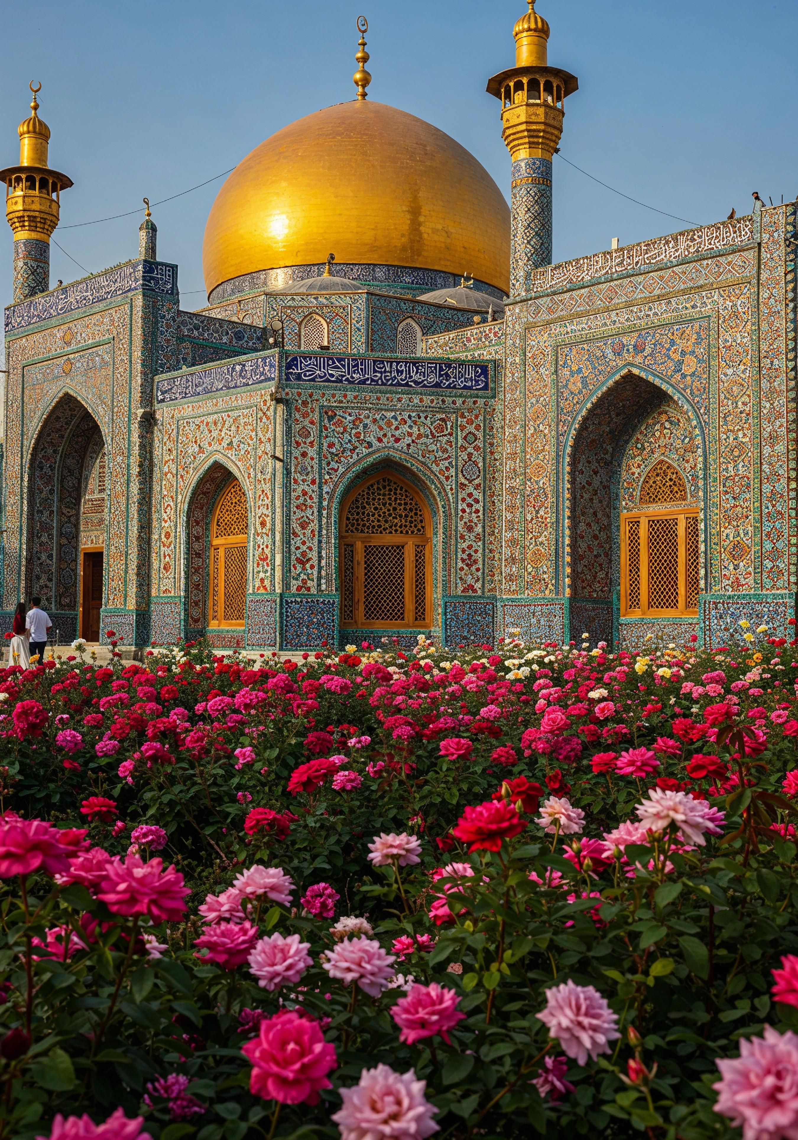 Golden Dome Islamic Mosque with Blooming Flower Garden Landscape