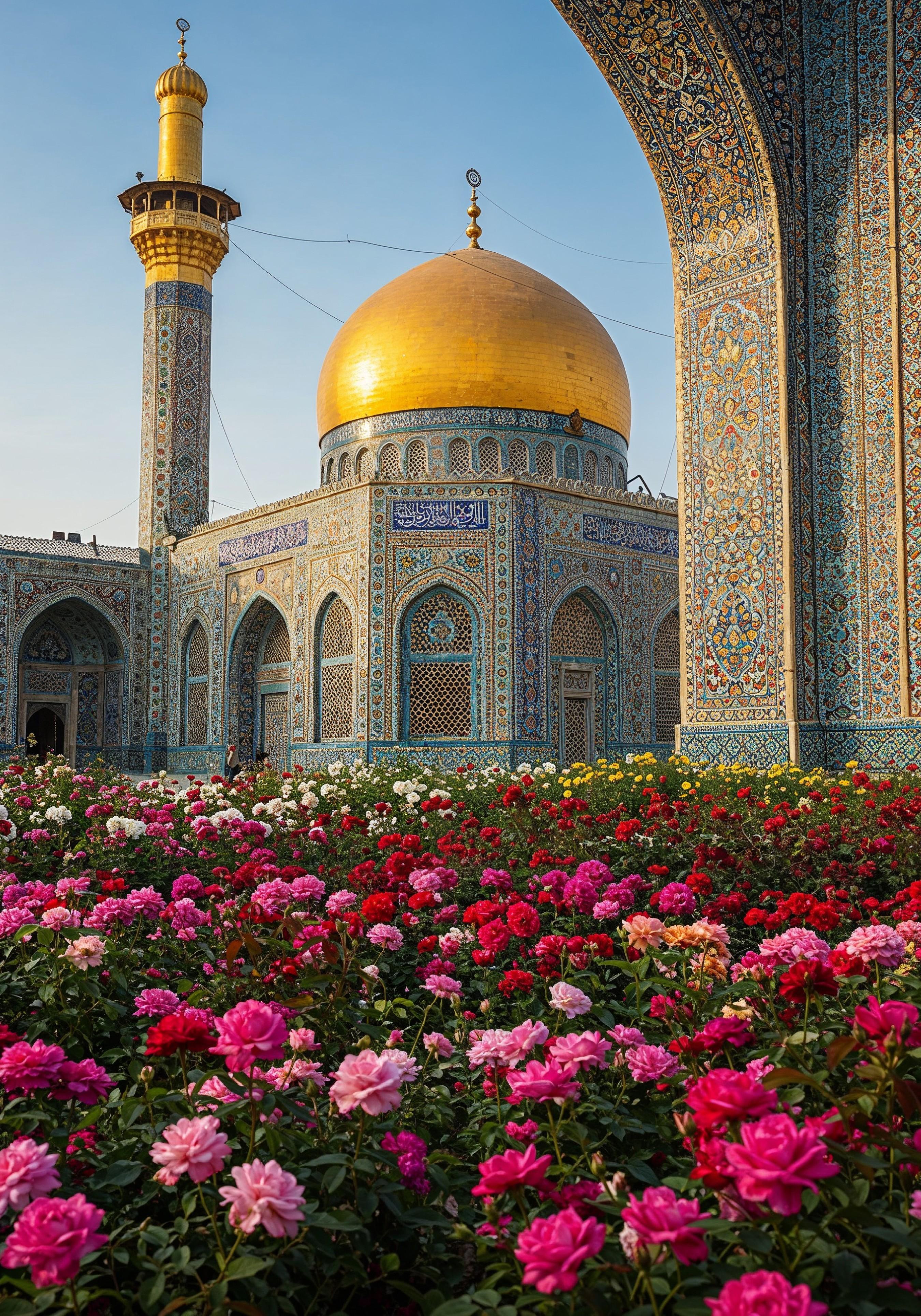 Golden Dome Islamic Mosque with Blooming Flower Garden Landscape