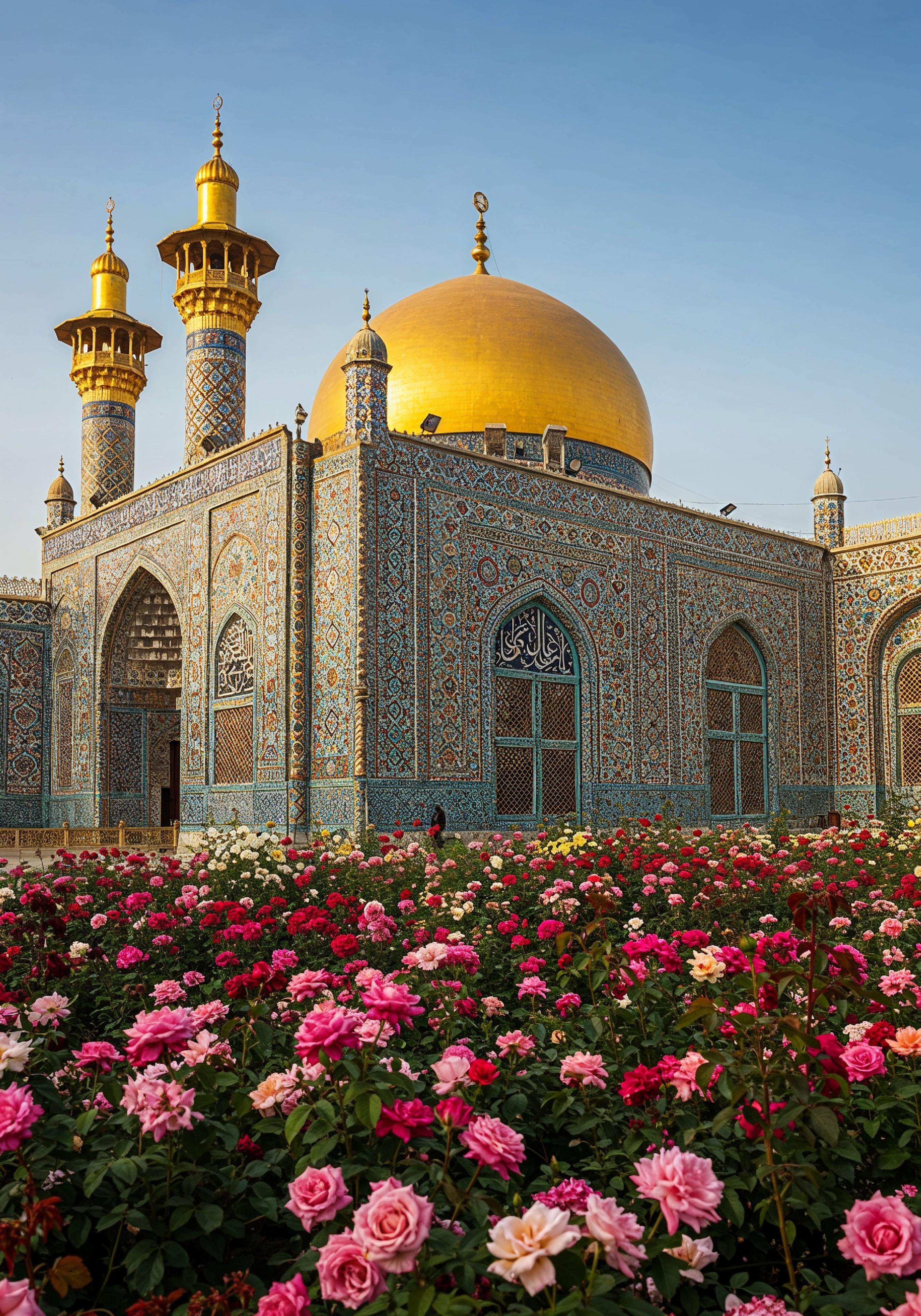 Golden Dome Islamic Mosque with Blooming Flower Garden Landscape