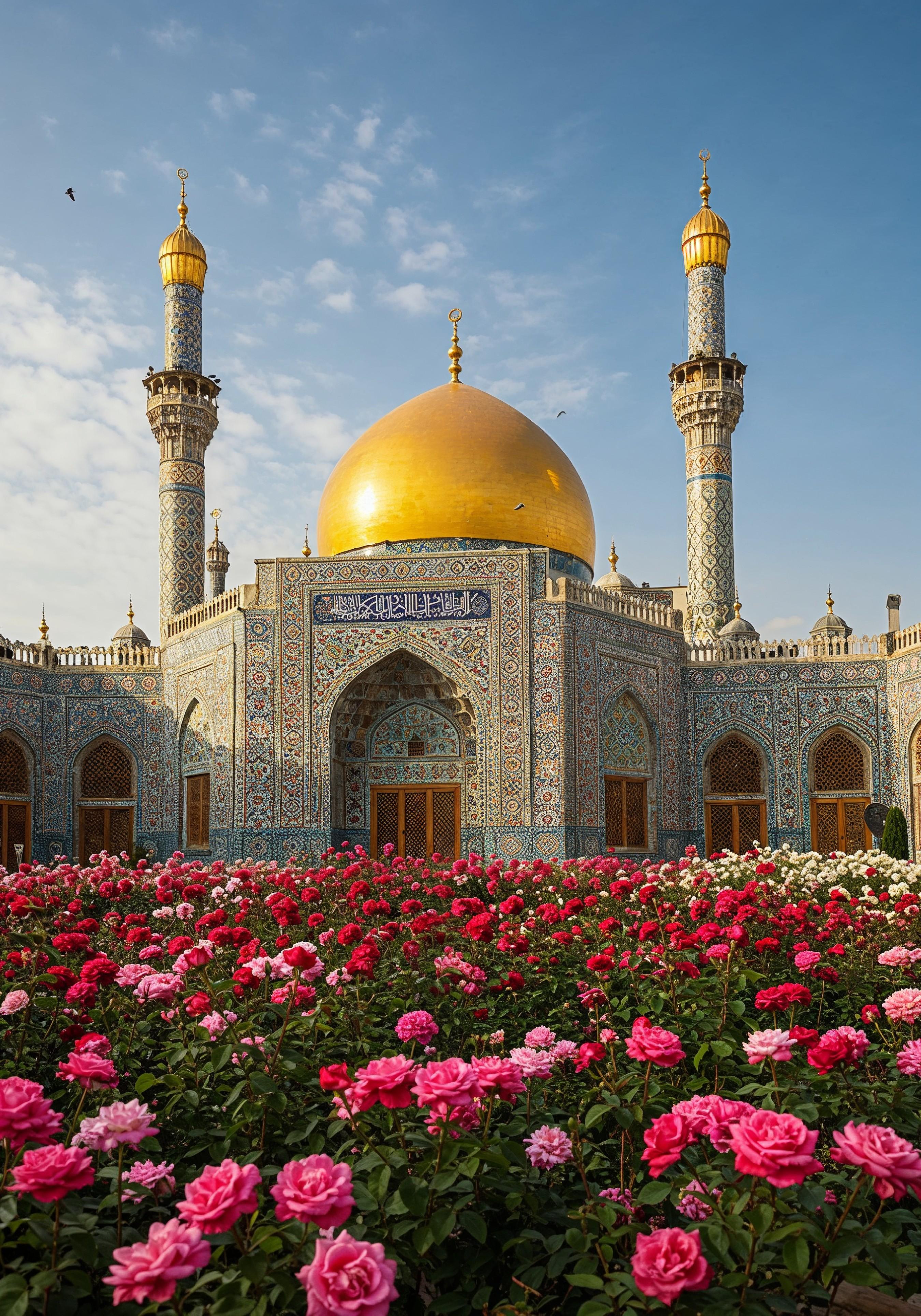 Golden Dome Islamic Mosque with Blooming Flower Garden Landscape