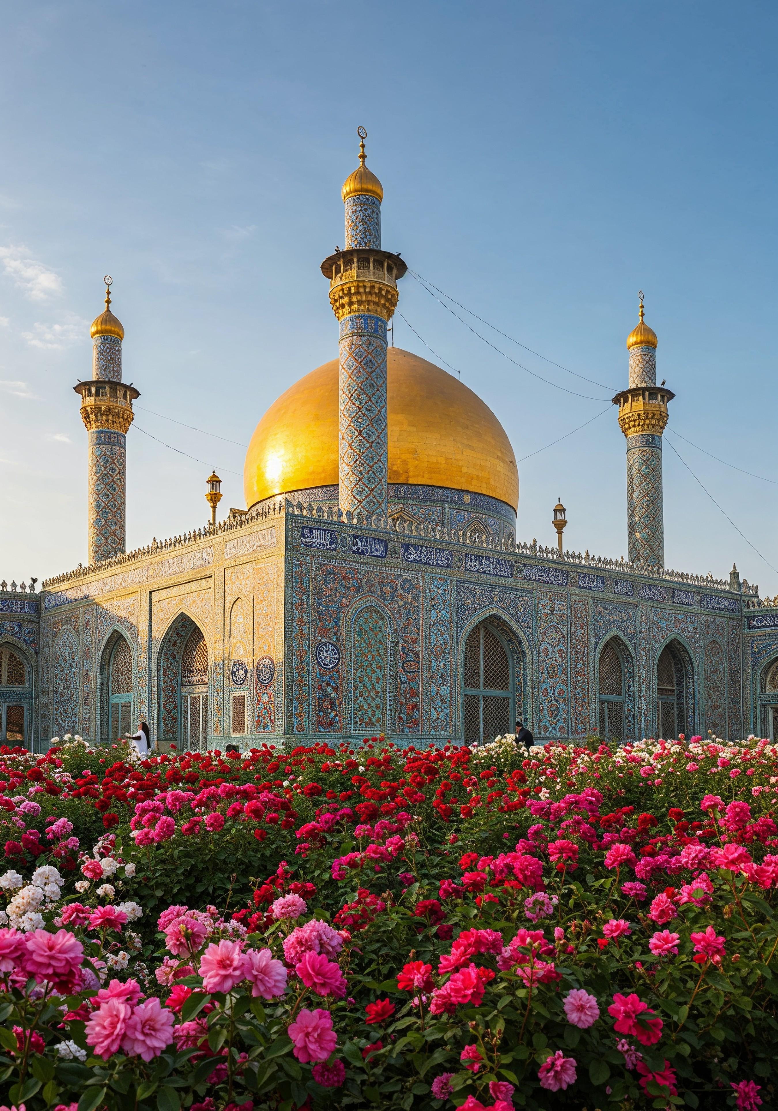 Golden Dome Islamic Mosque with Blooming Flower Garden Landscape