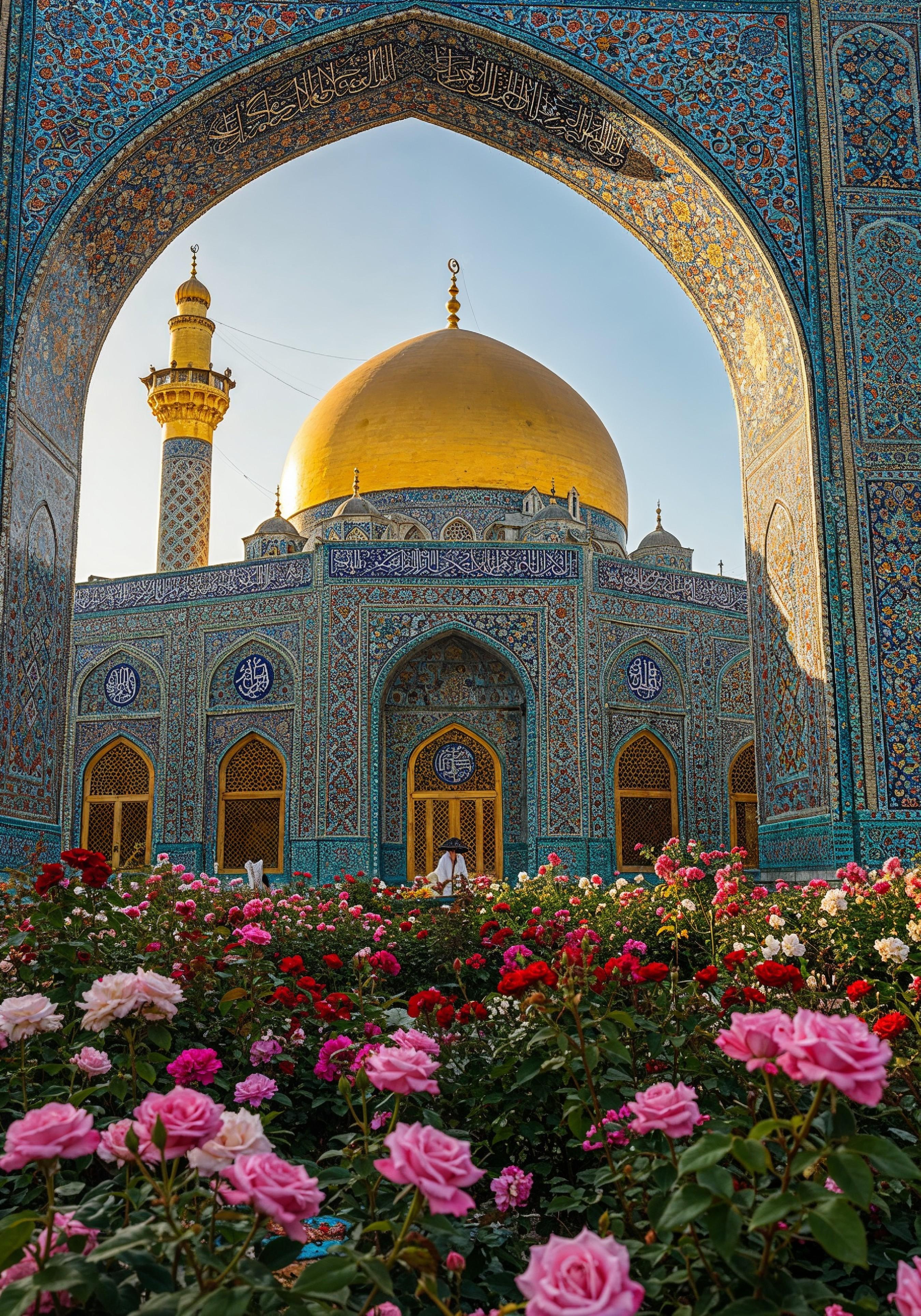 Golden Dome Islamic Mosque with Blooming Flower Garden Landscape