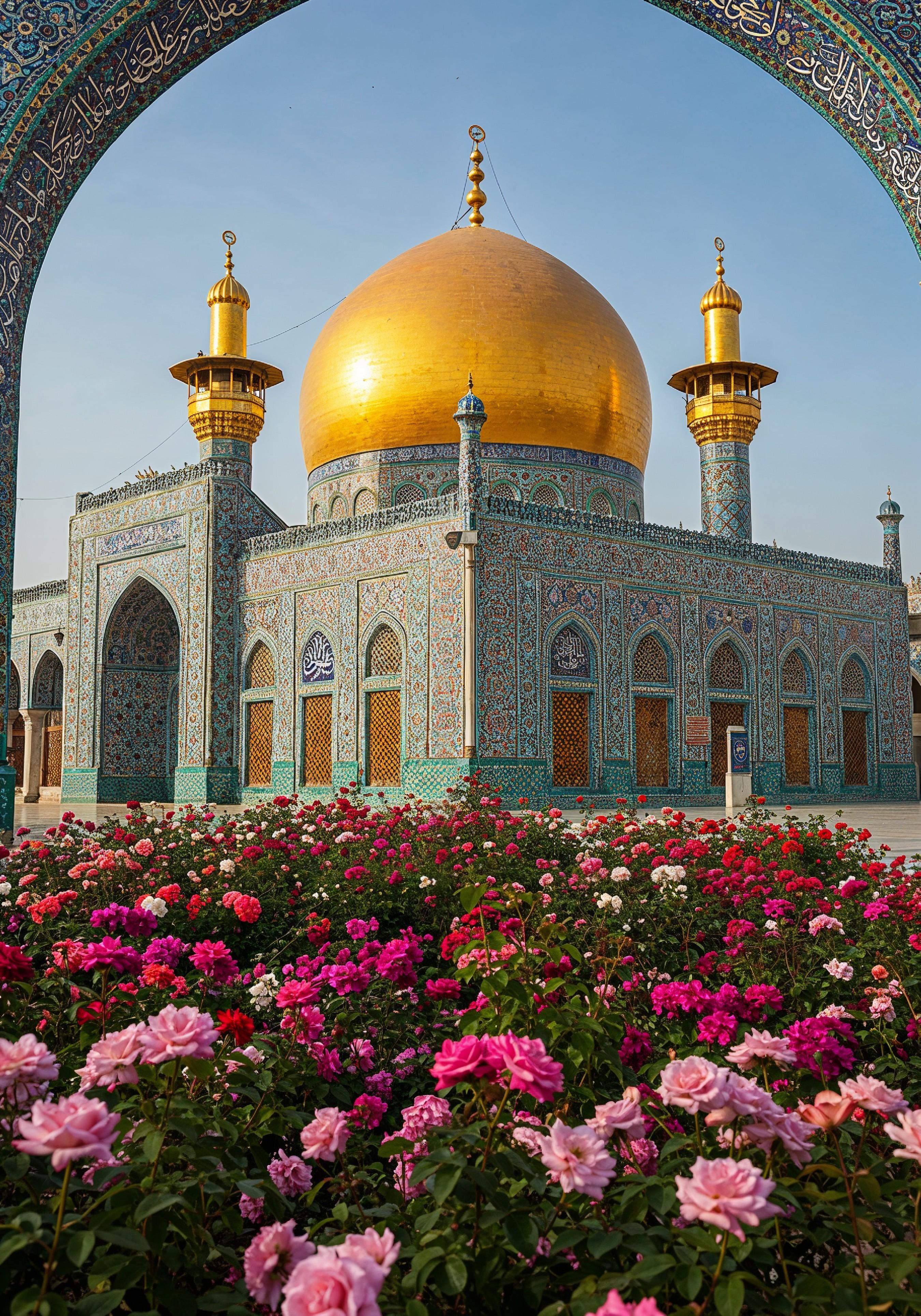 Golden Dome Islamic Mosque with Blooming Flower Garden Landscape
