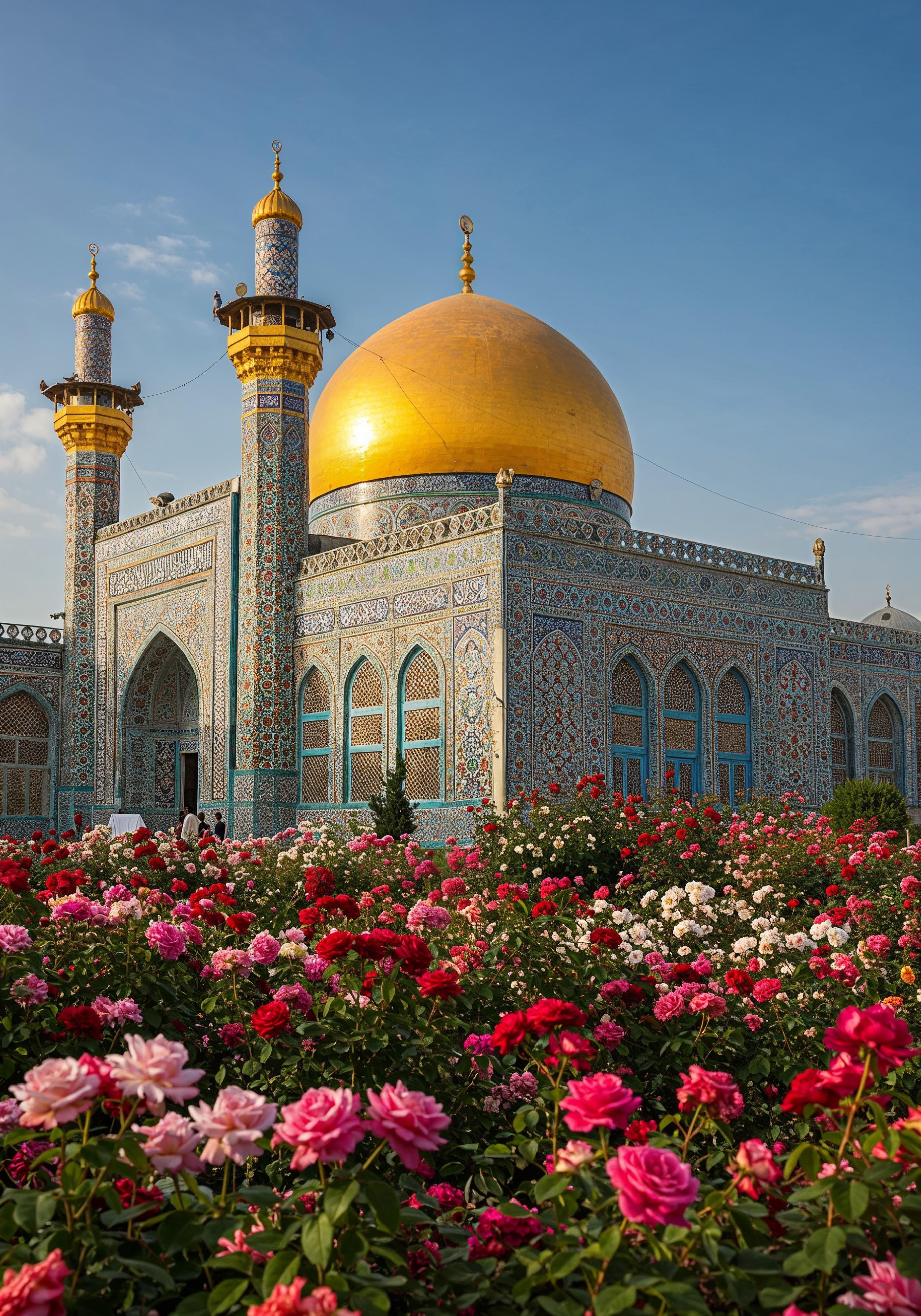 Golden Dome Islamic Mosque with Blooming Flower Garden Landscape