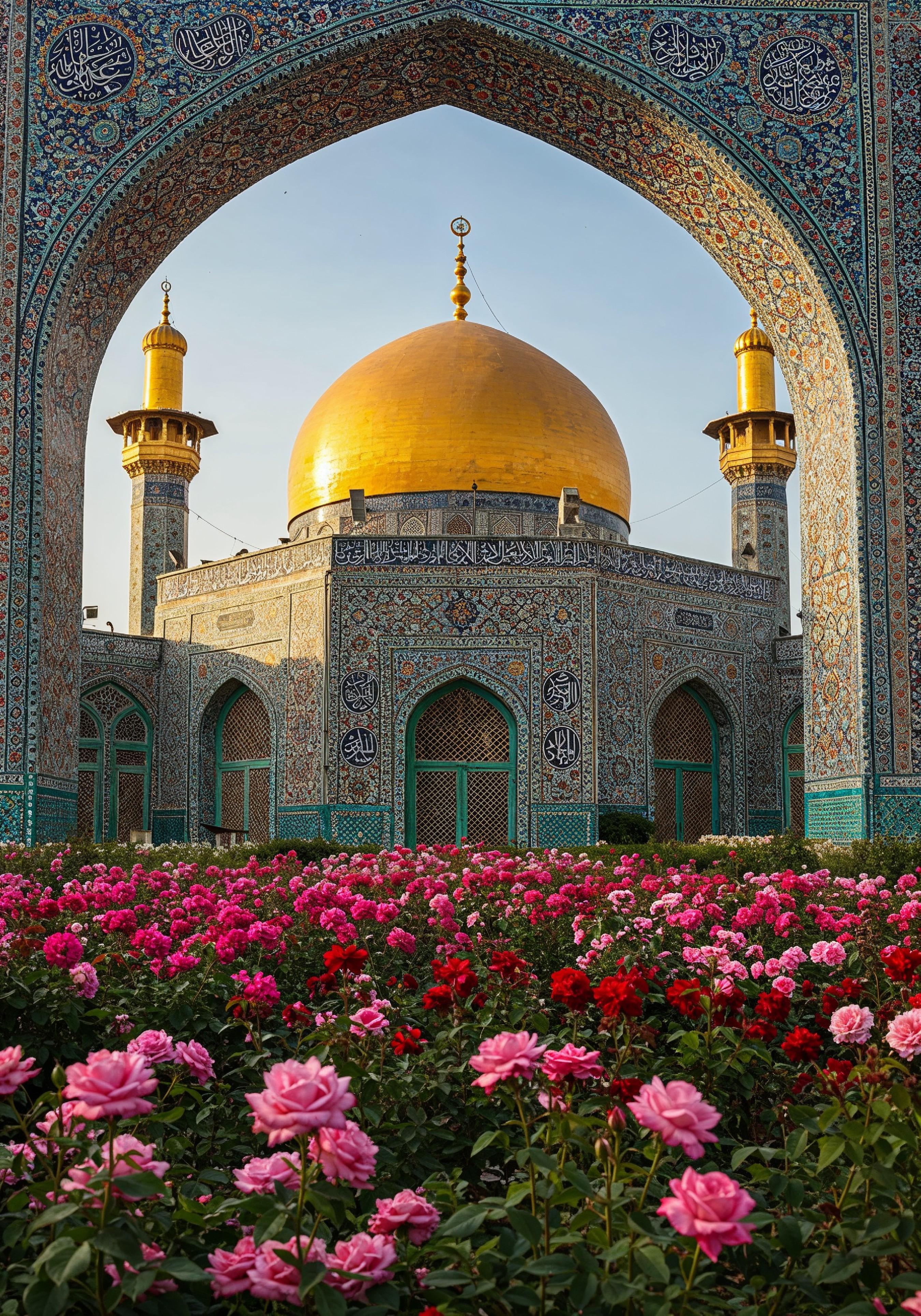 Golden Dome Islamic Mosque with Blooming Flower Garden Landscape