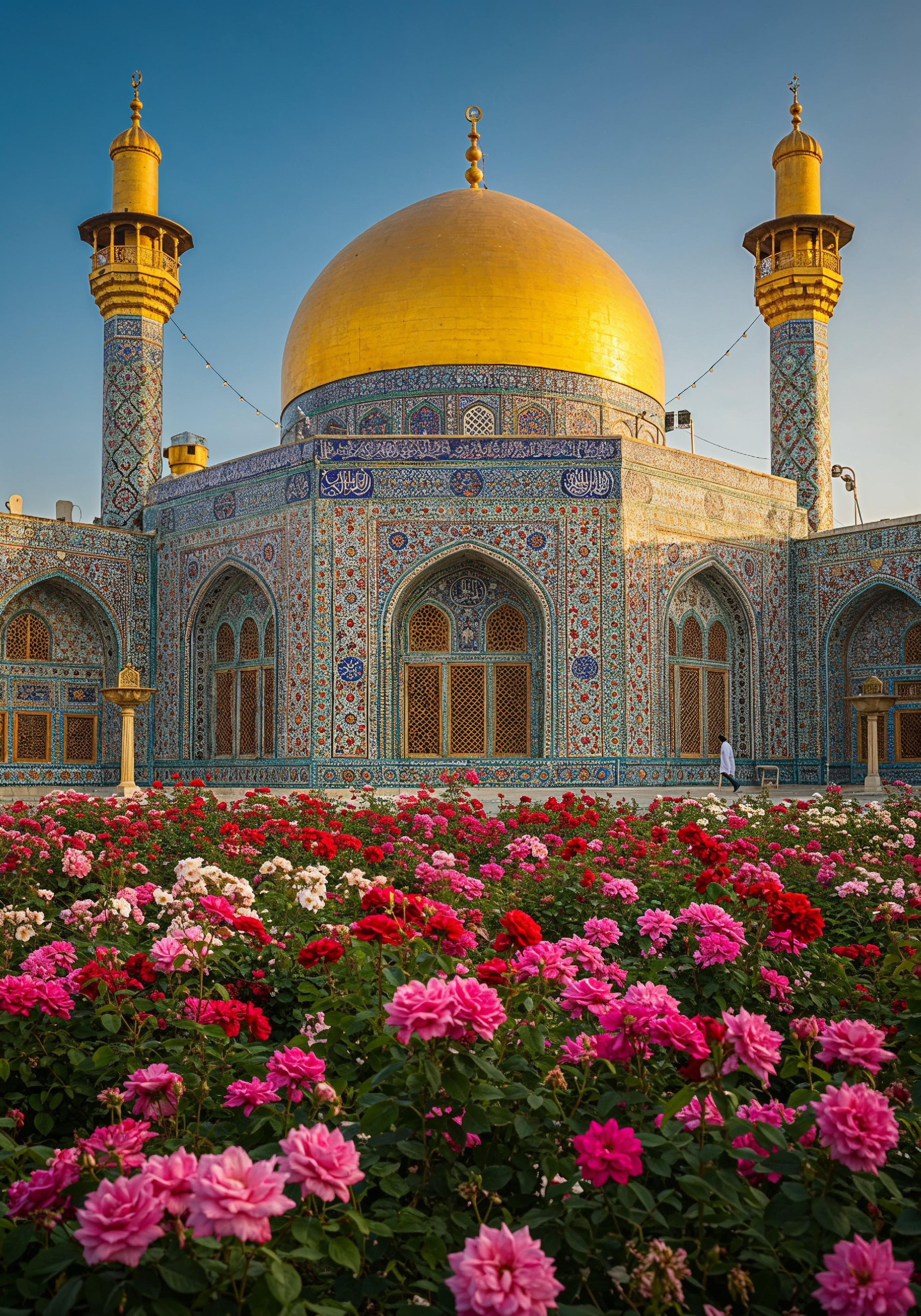 Golden Dome Islamic Mosque with Blooming Flower Garden Landscape