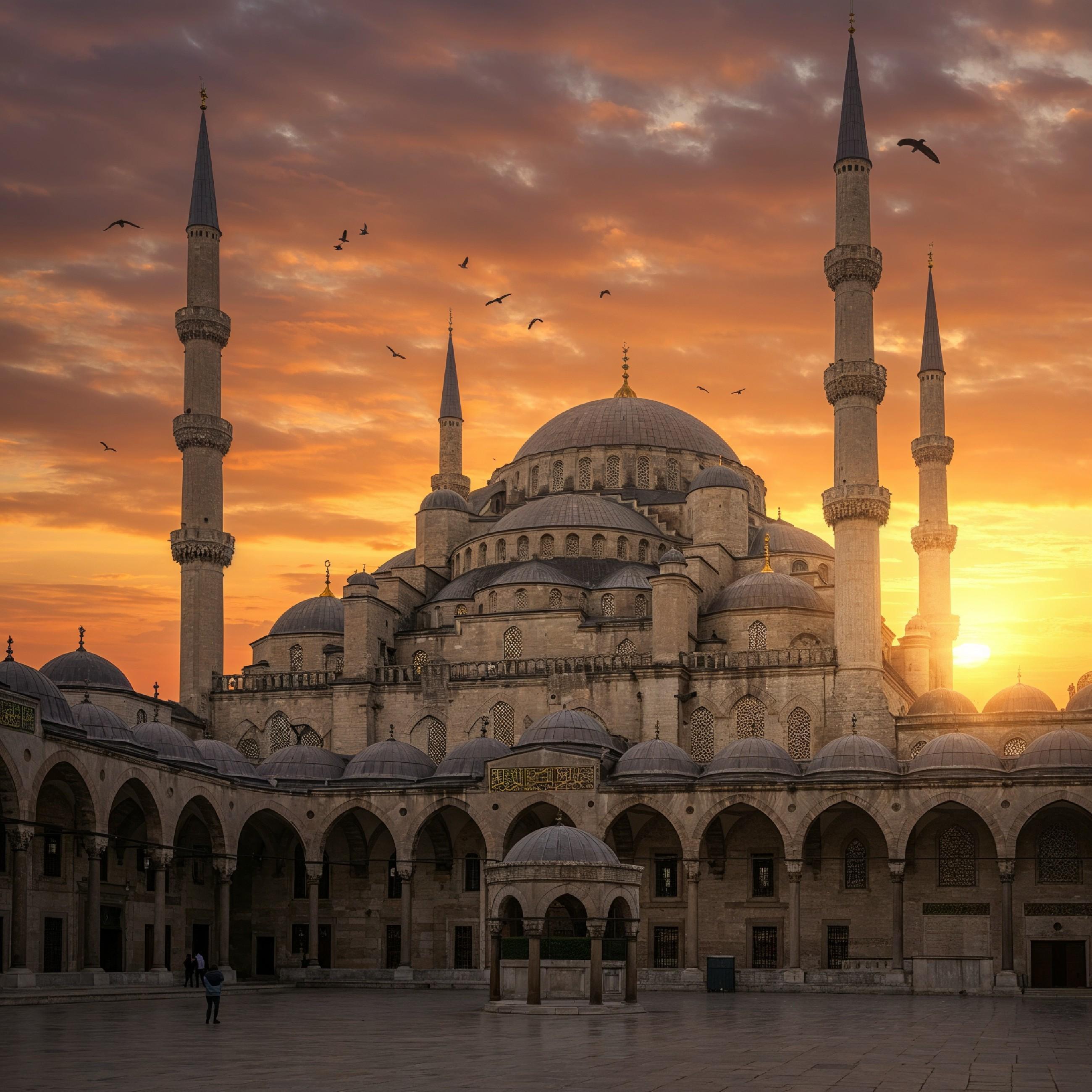 Magnificent Ottoman Style Mosque with Grand Domes and Minarets at Golden Sunset