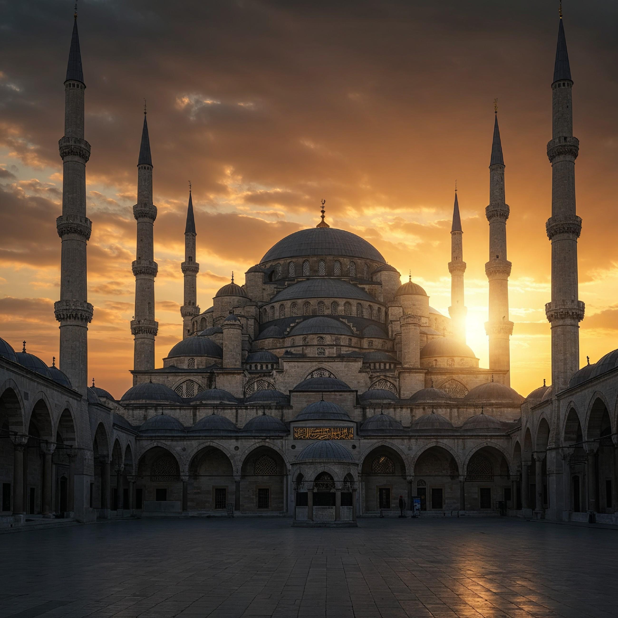 Magnificent Ottoman Style Mosque with Grand Domes and Minarets at Golden Sunset