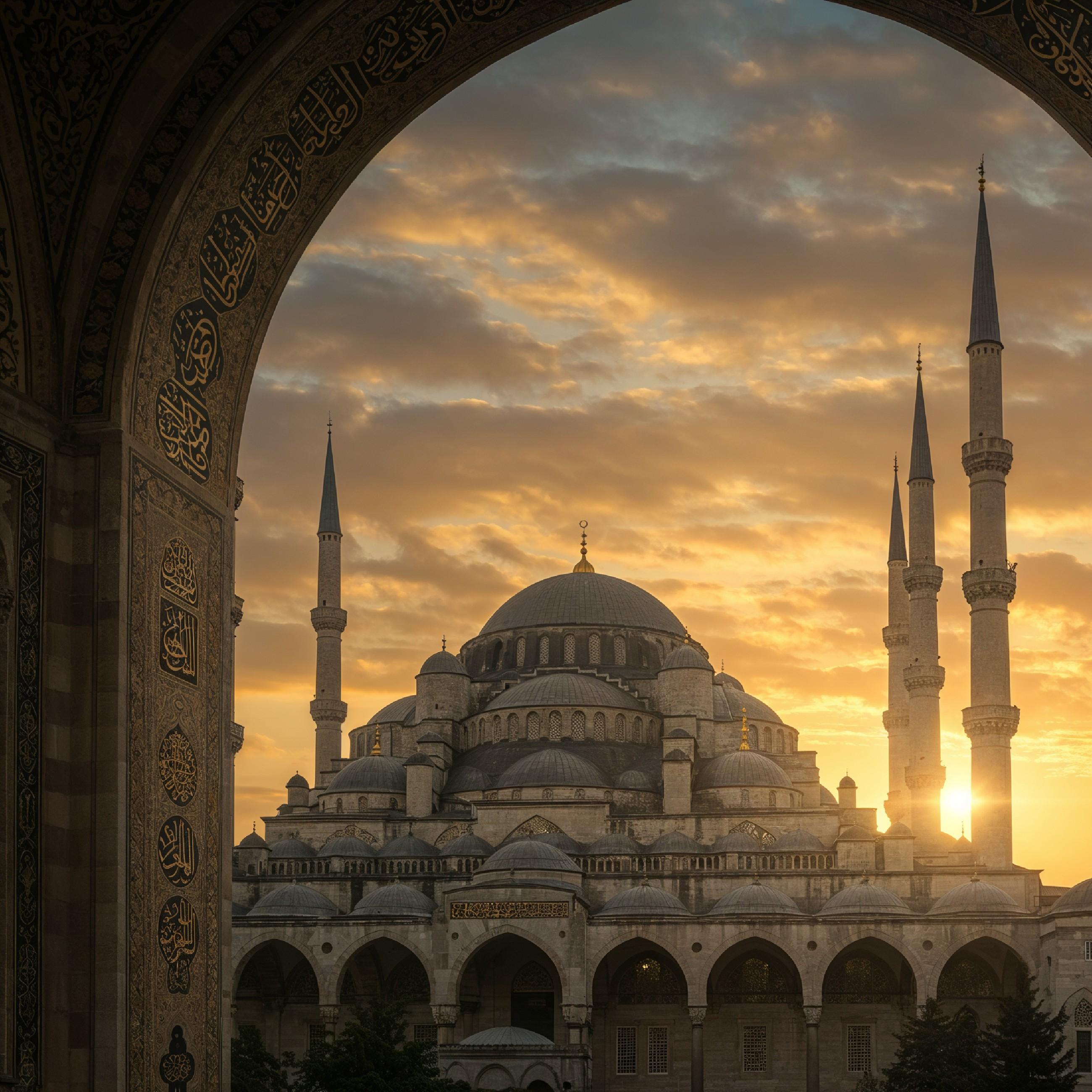 Magnificent Ottoman Style Mosque with Grand Domes and Minarets at Golden Sunset