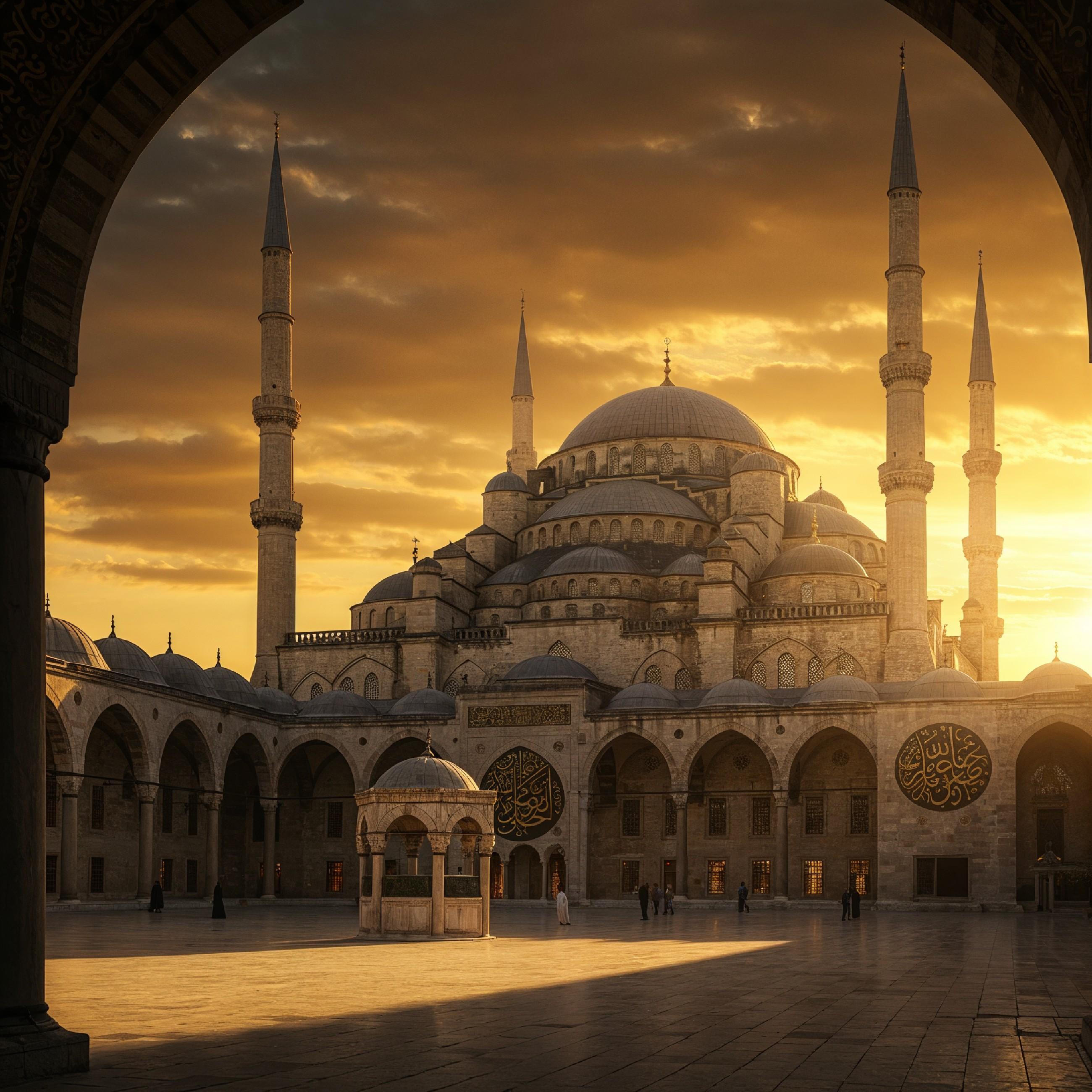 Magnificent Ottoman Style Mosque with Grand Domes and Minarets at Golden Sunset
