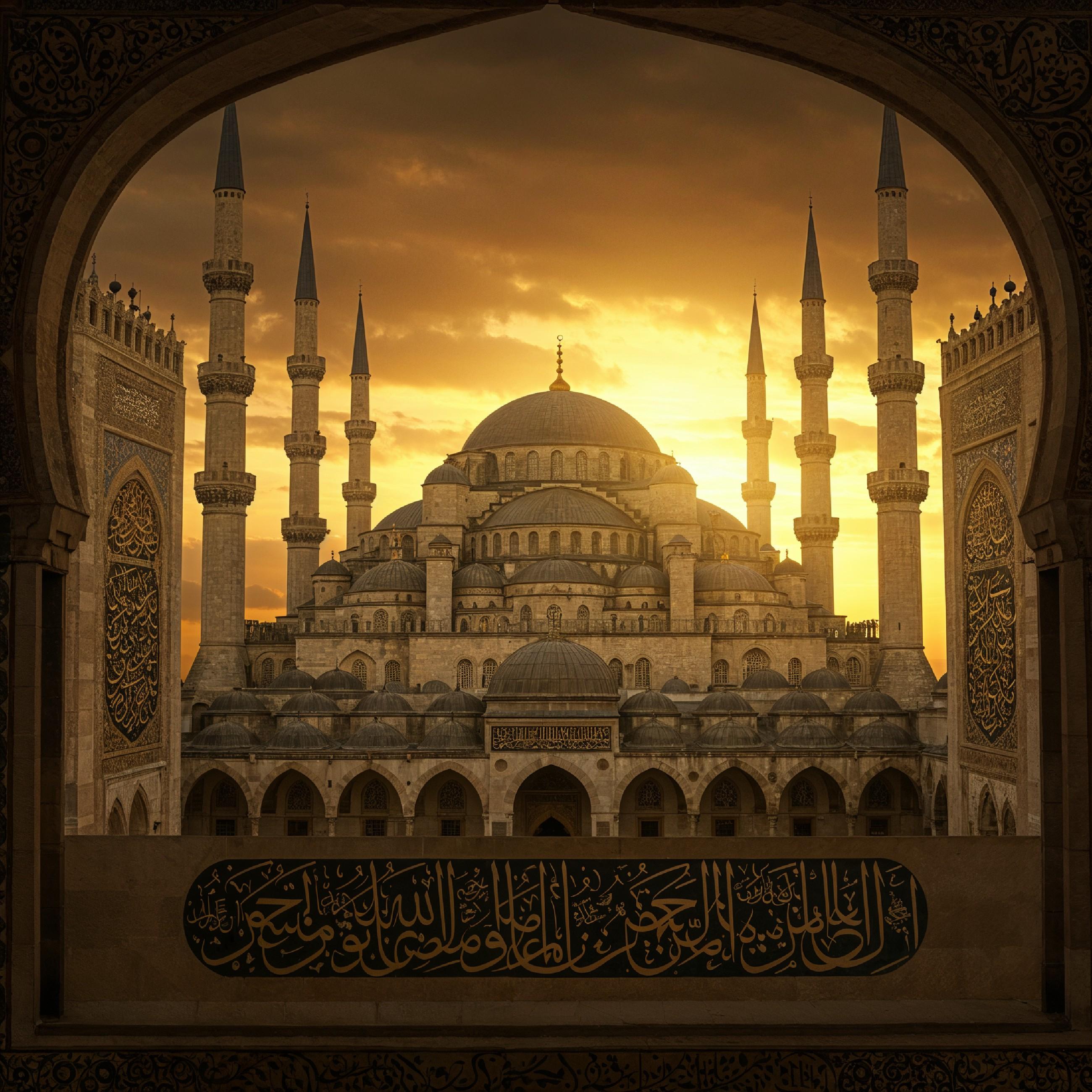 Magnificent Ottoman Style Mosque with Grand Domes and Minarets at Golden Sunset