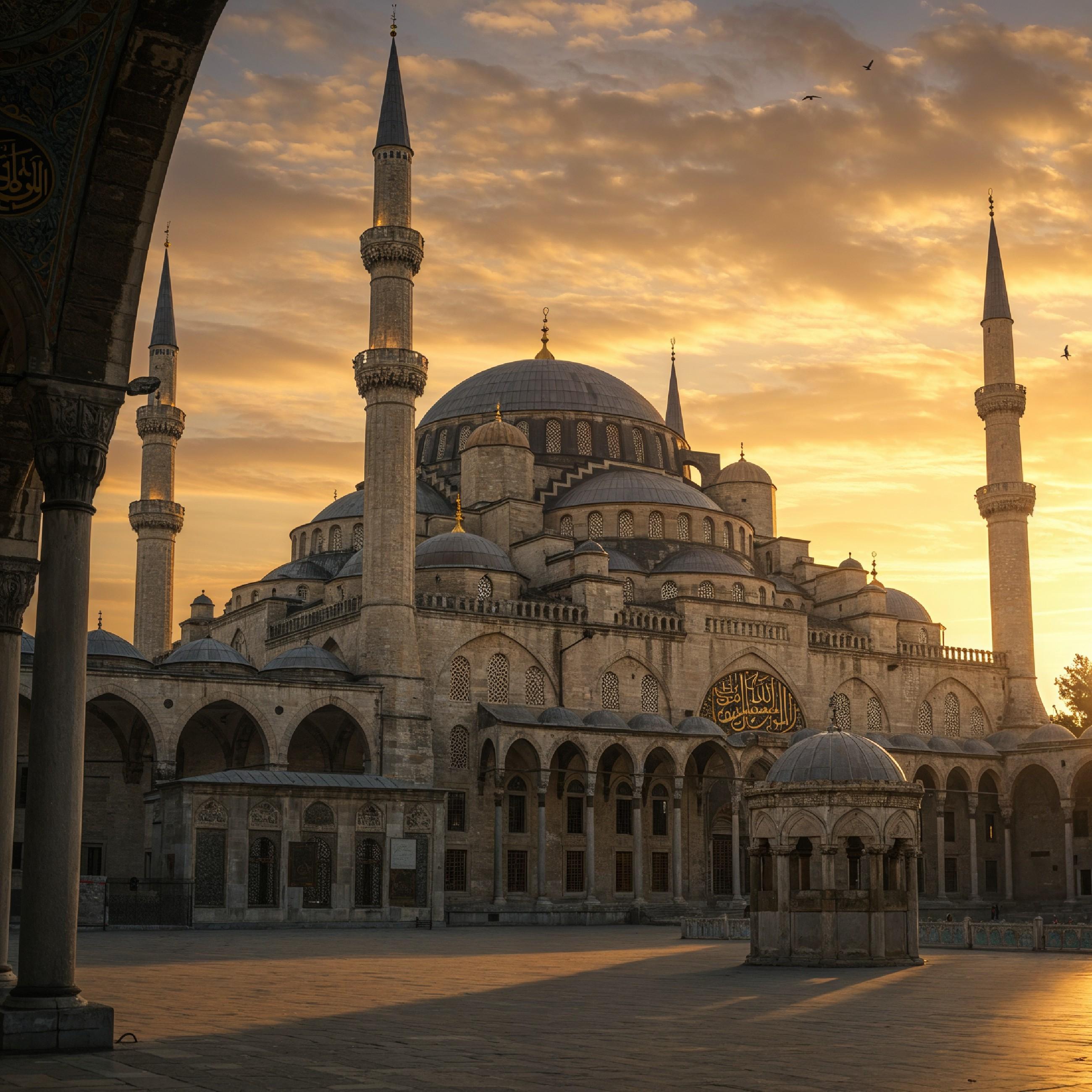 Magnificent Ottoman Style Mosque with Grand Domes and Minarets at Golden Sunset