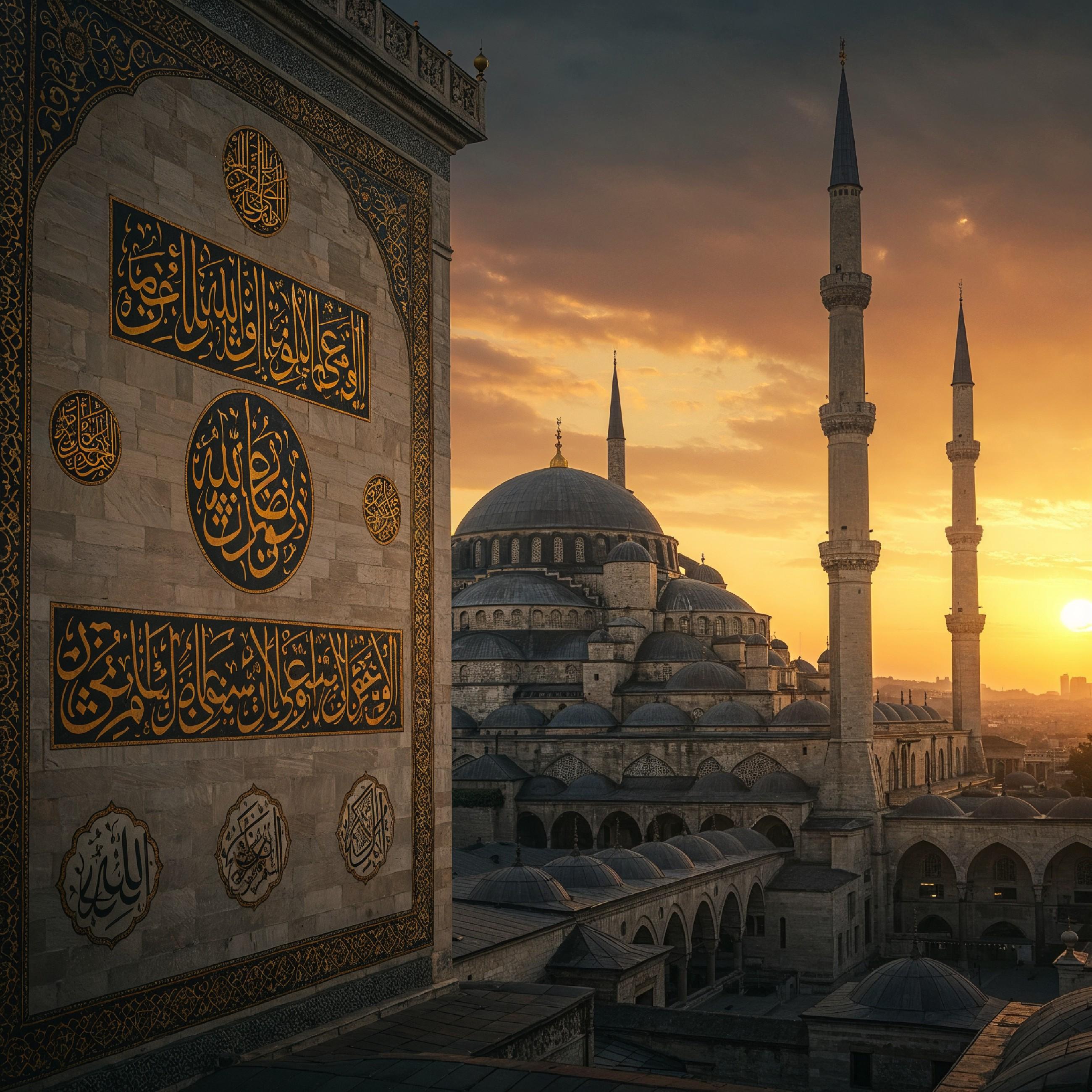 Magnificent Ottoman Style Mosque with Grand Domes and Minarets at Golden Sunset
