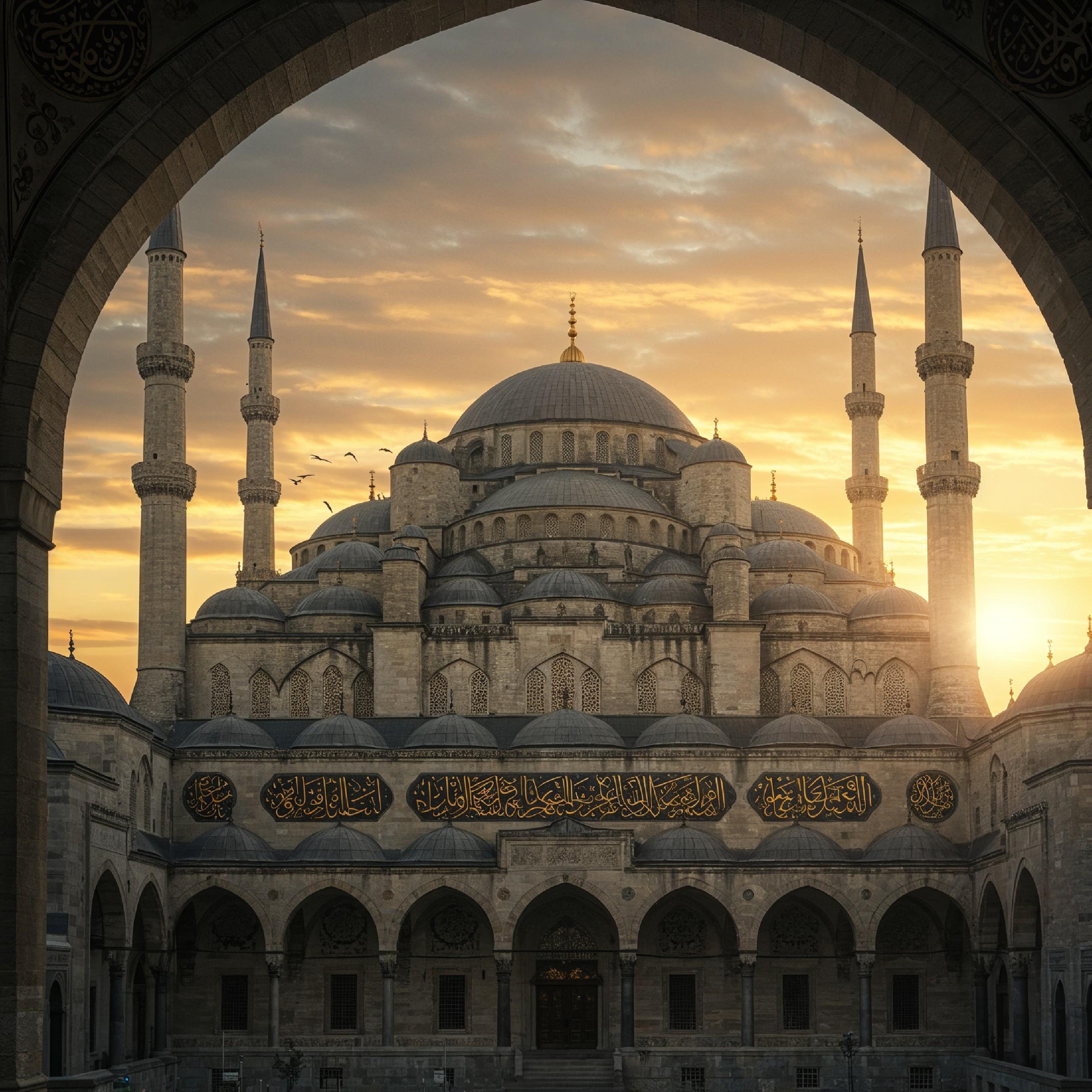 Magnificent Ottoman Style Mosque with Grand Domes and Minarets at Golden Sunset
