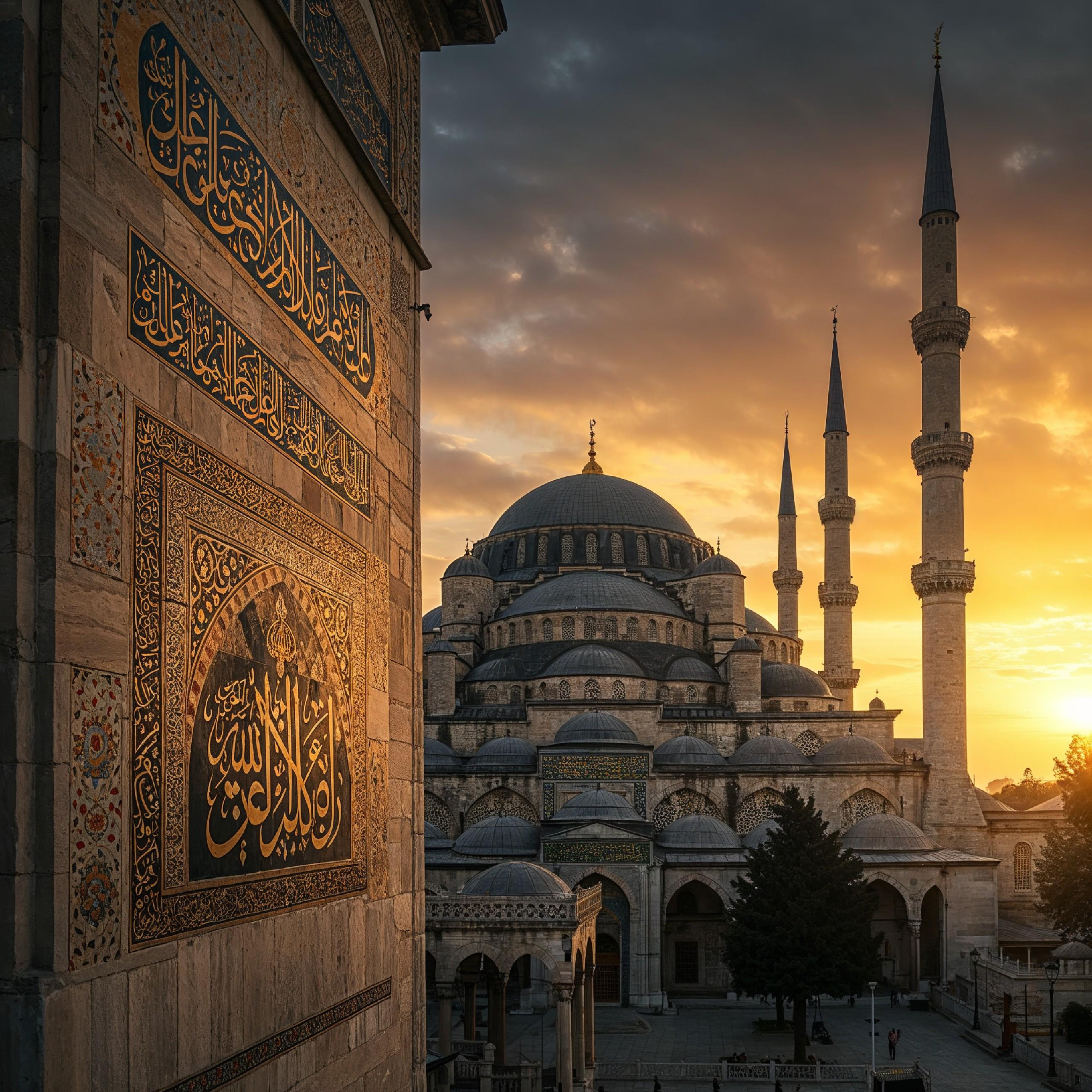 Magnificent Ottoman Style Mosque with Grand Domes and Minarets at Golden Sunset