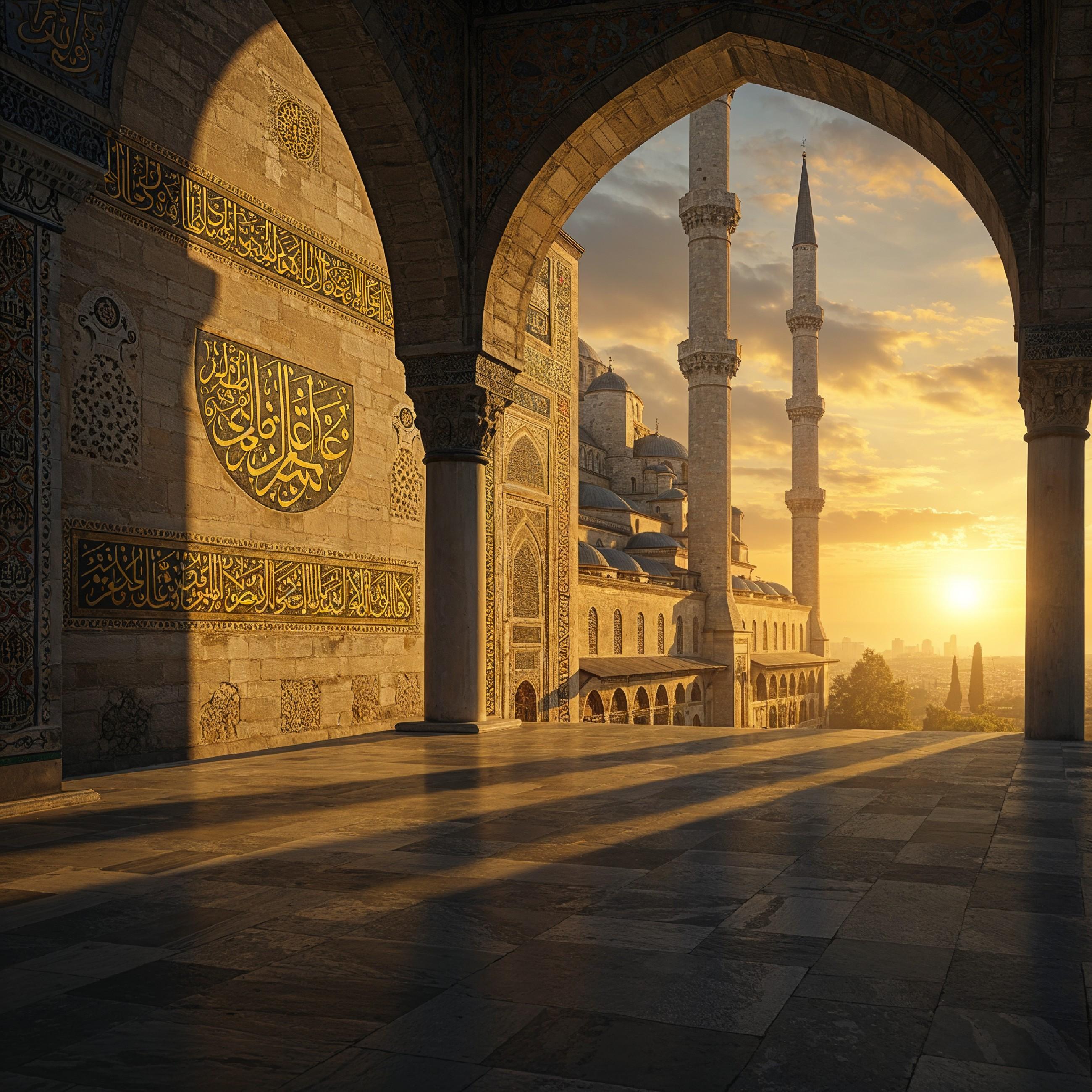 Magnificent Ottoman Style Mosque with Grand Domes and Minarets at Golden Sunset