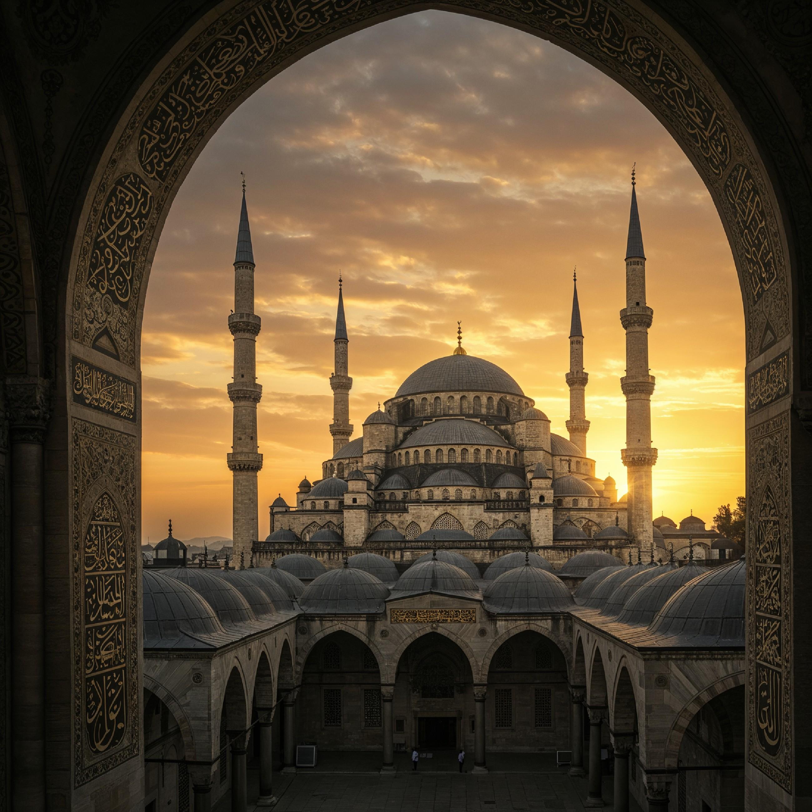 Magnificent Ottoman Style Mosque with Grand Domes and Minarets at Golden Sunset