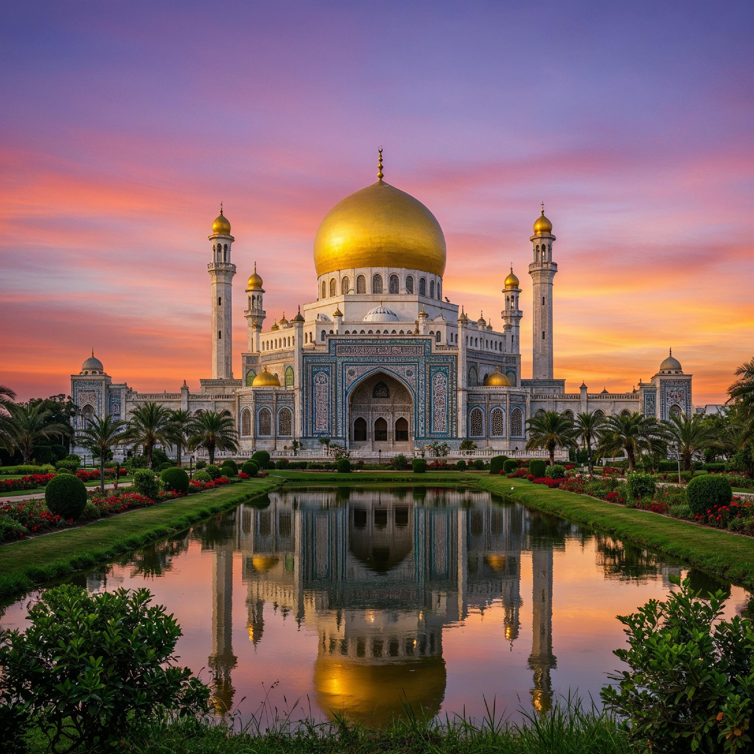 Majestic Golden Domed Islamic Mosque with Reflection at Dramatic Sunset Landscape