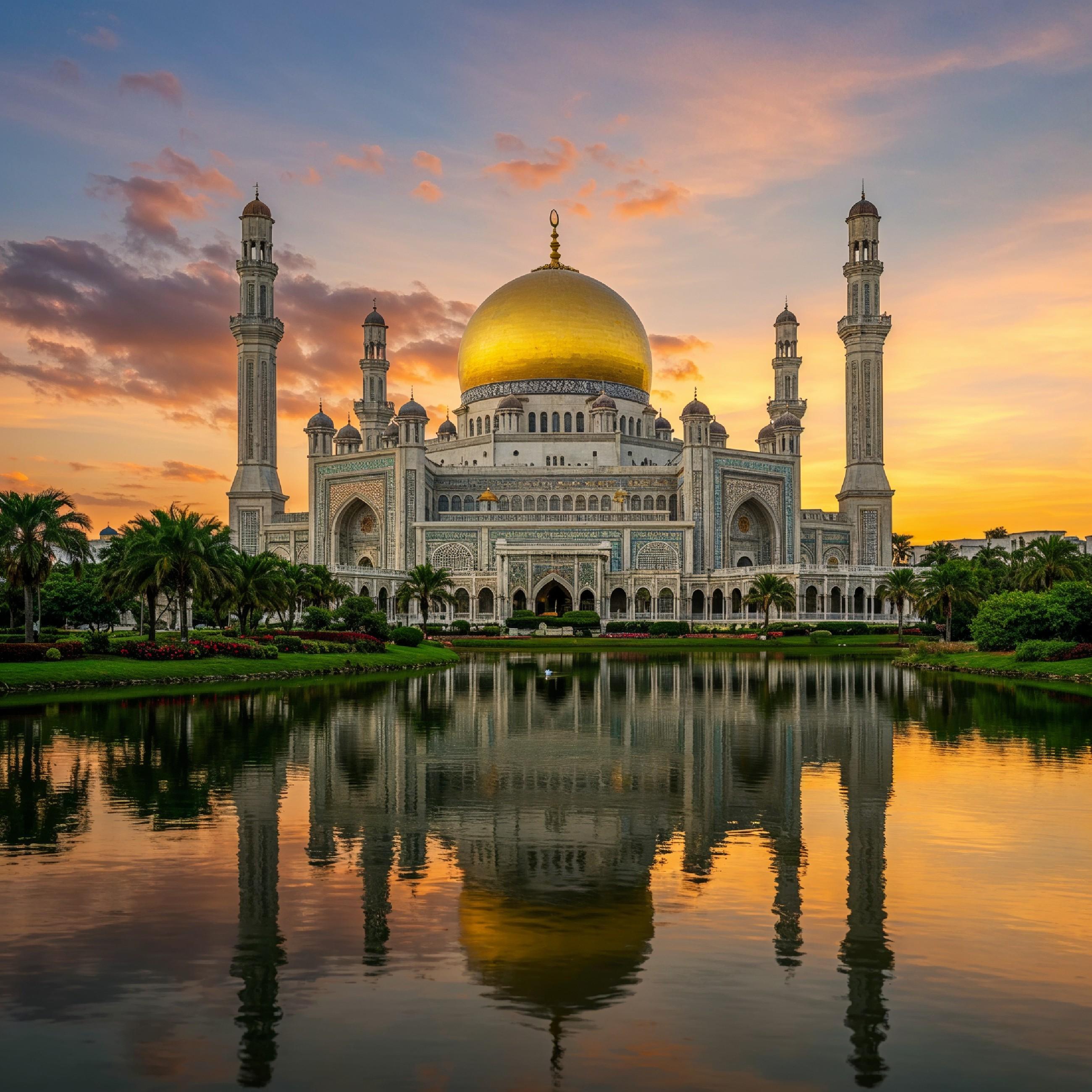Majestic Golden Domed Islamic Mosque with Reflection at Dramatic Sunset Landscape