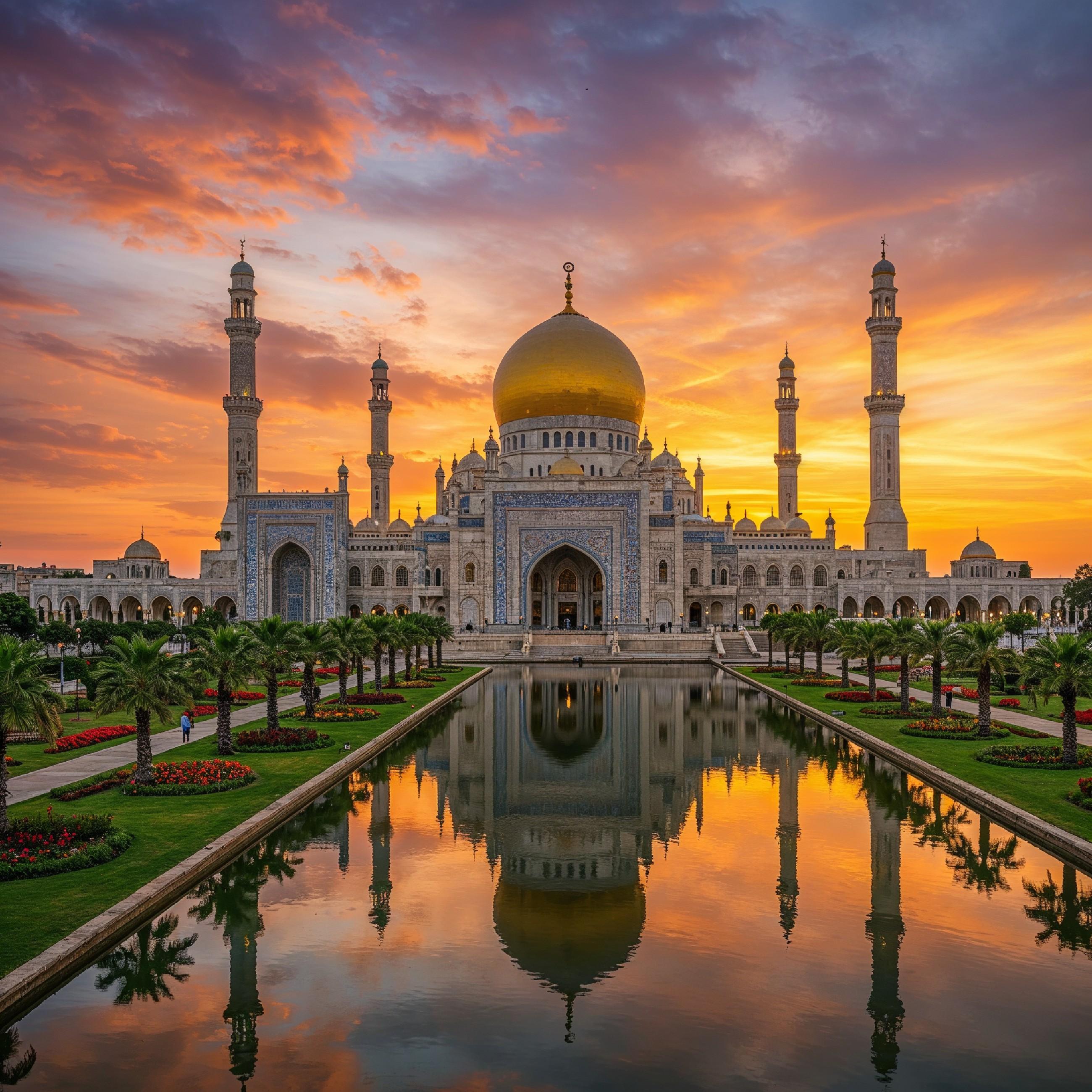 Majestic Golden Domed Islamic Mosque with Reflection at Dramatic Sunset Landscape