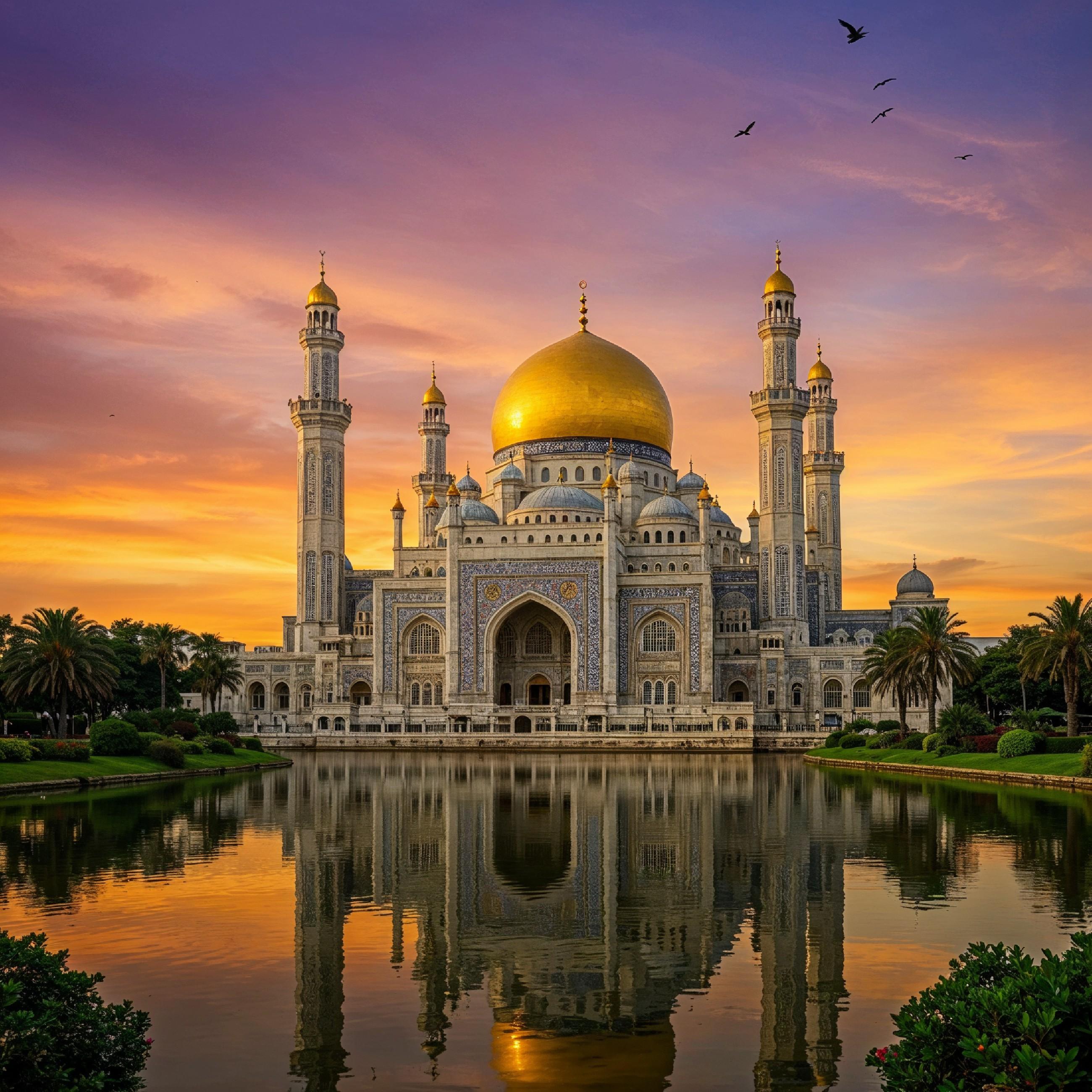 Majestic Golden Domed Islamic Mosque with Reflection at Dramatic Sunset Landscape