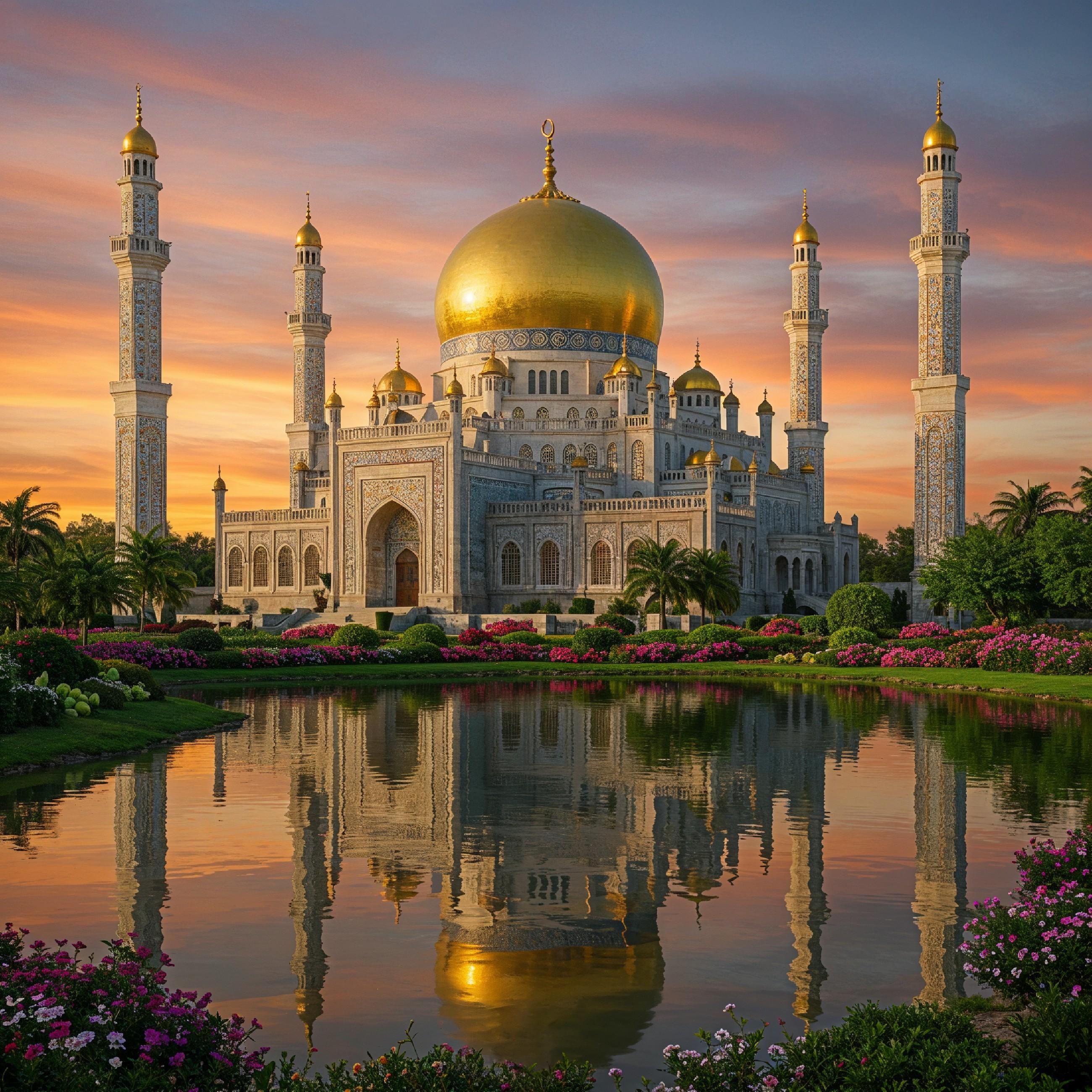 Majestic Golden Domed Islamic Mosque with Reflection at Dramatic Sunset Landscape