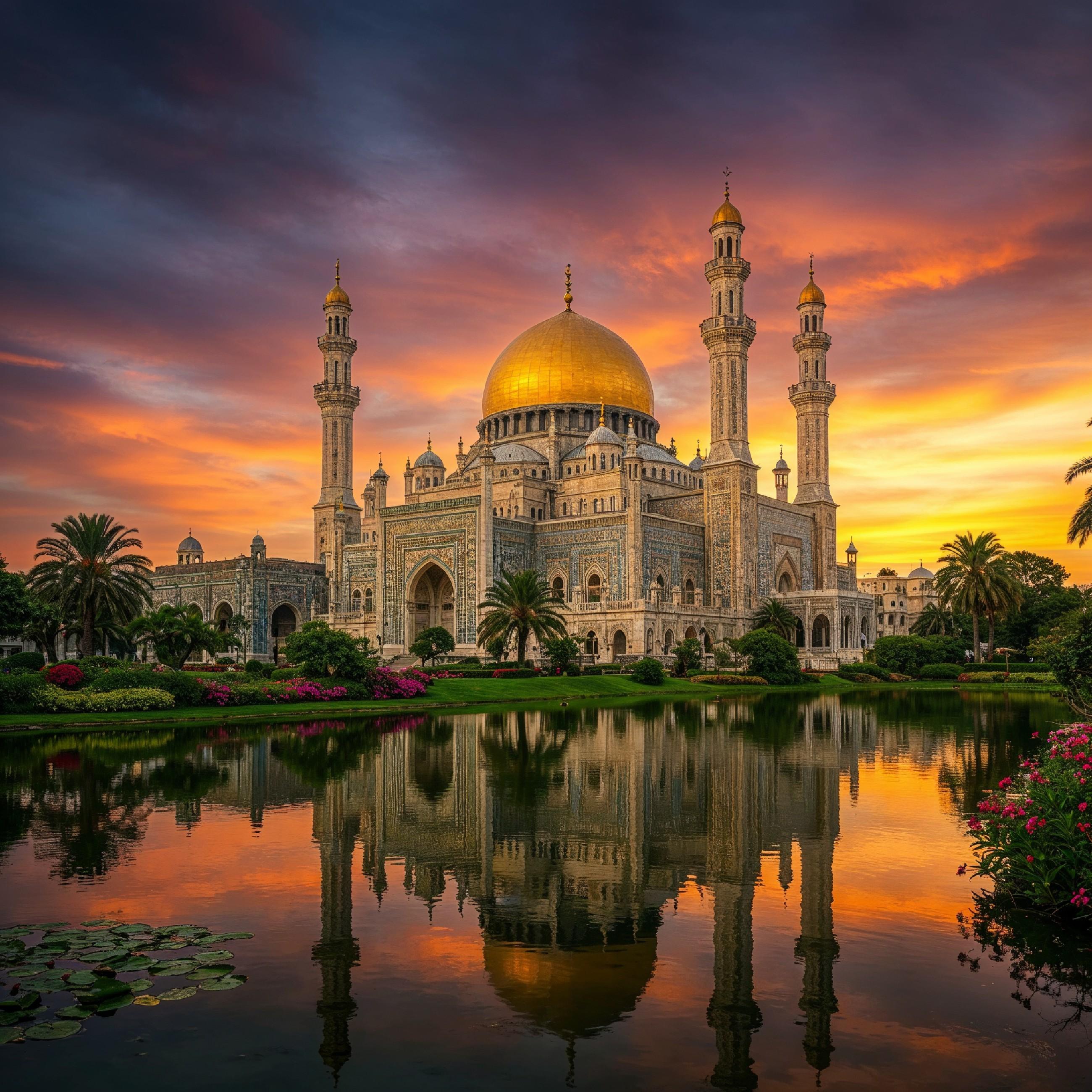 Majestic Golden Domed Islamic Mosque with Reflection at Dramatic Sunset Landscape