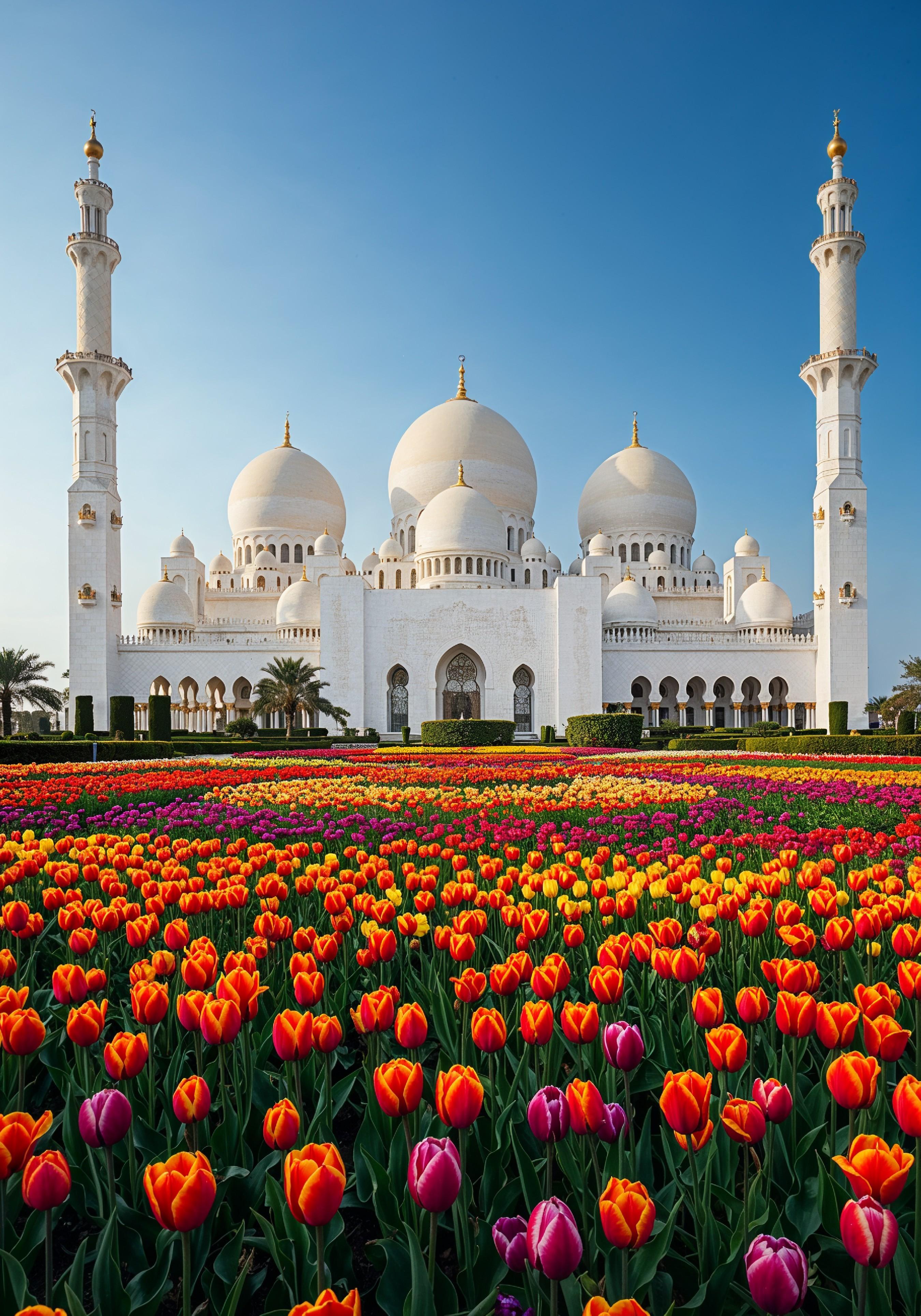 Majestic Islamic Mosque with Colorful Flower Garden Landscape